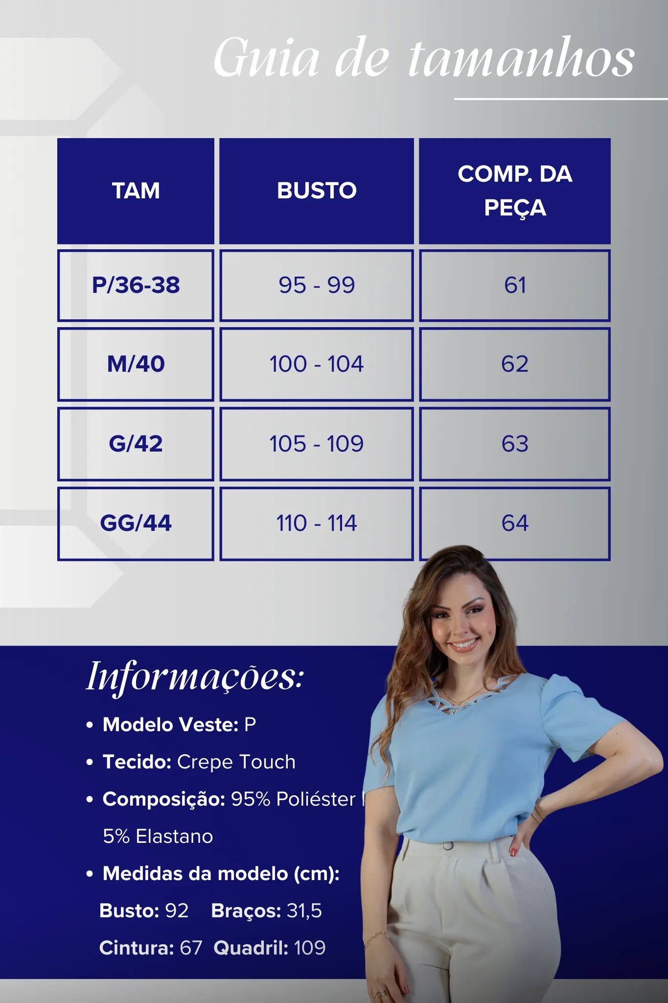 Blusa Manga Curta Detalhe Decote Crepe Classic Carolina Azul