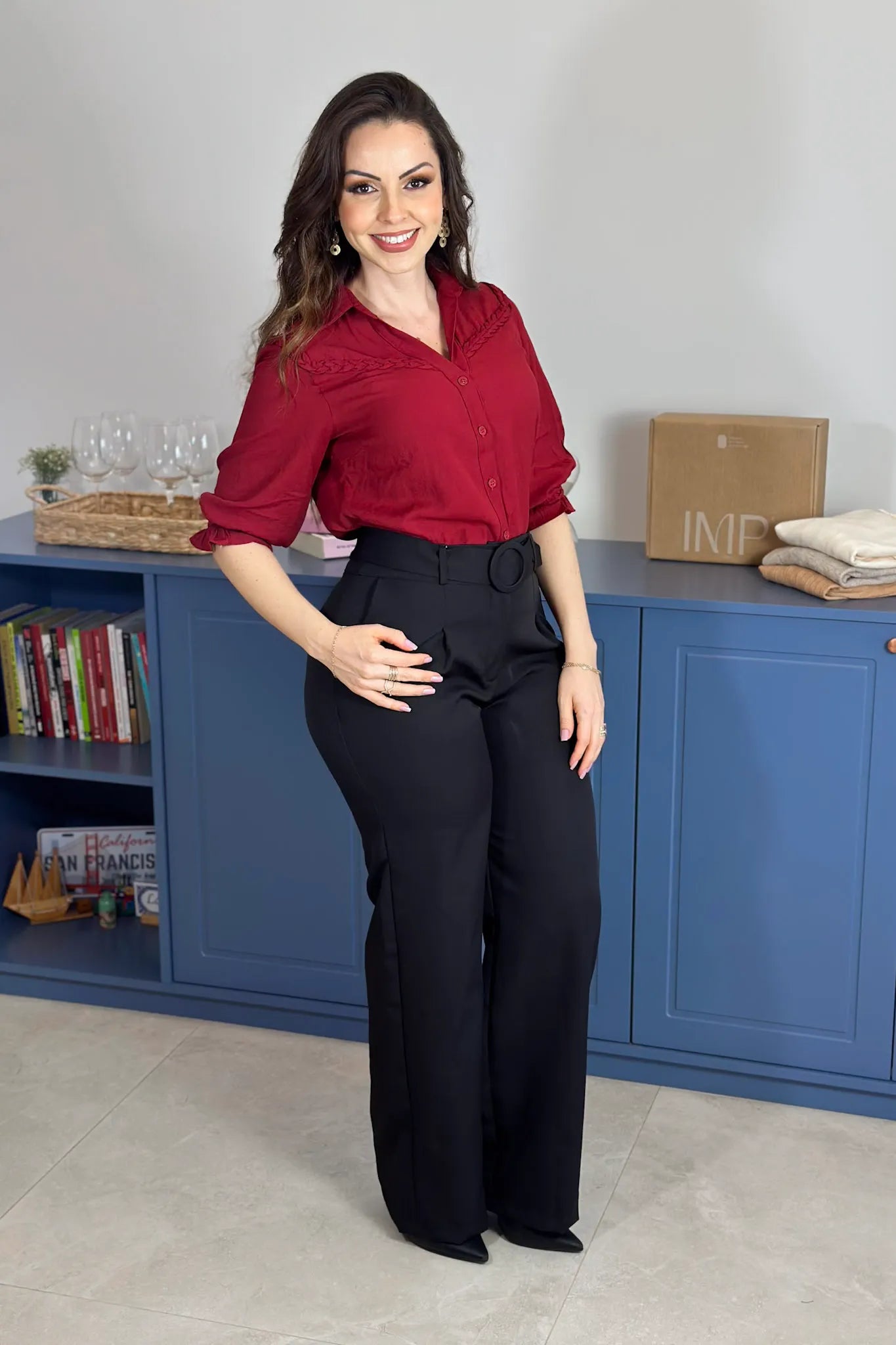 Blusa Manga 3/4 Visco Soft Detalhe Trançado Elenir Bordo