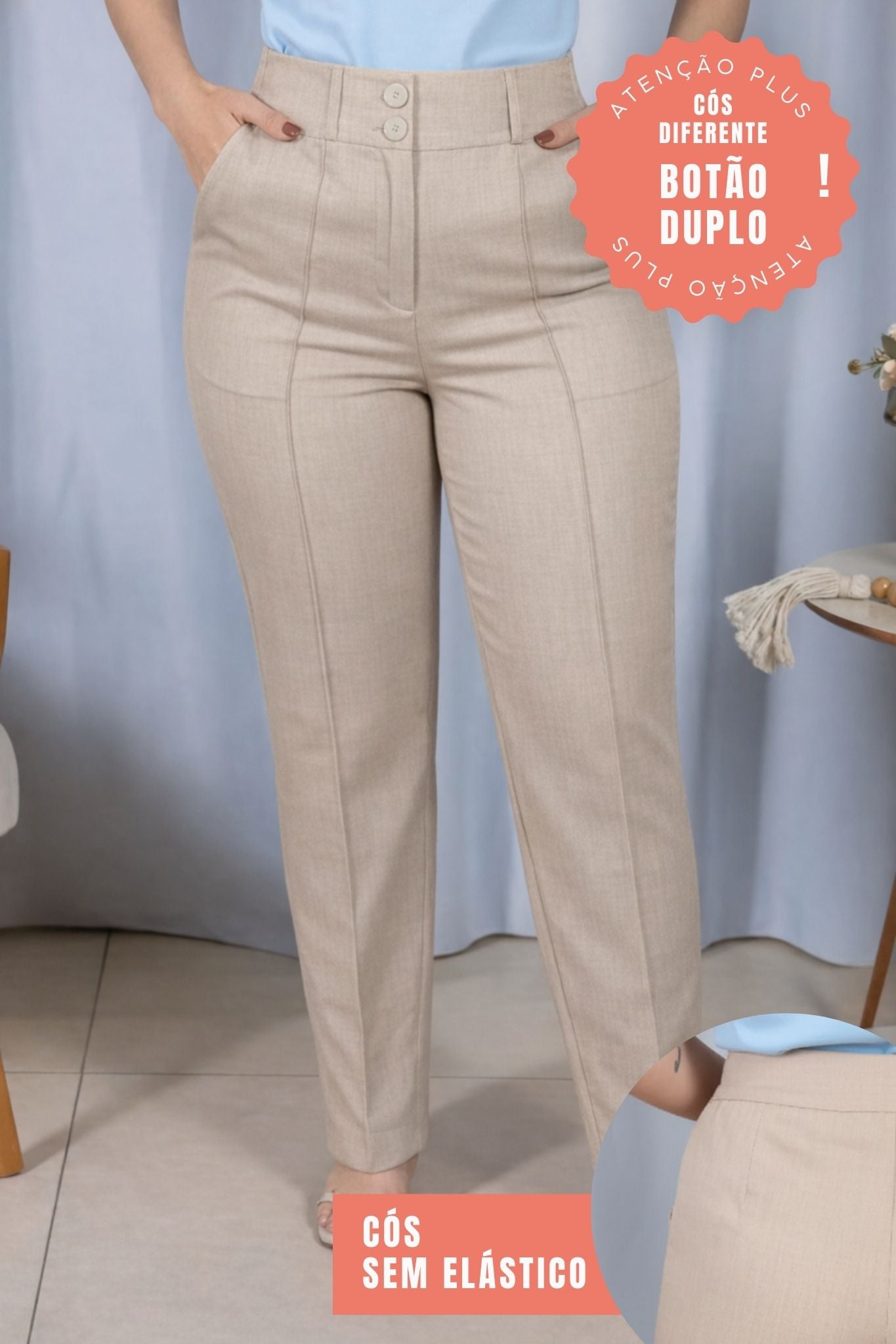 Calça Corte Reto Cotton Alfaiataria Lisse Detalhe em Friso Ariane Creme