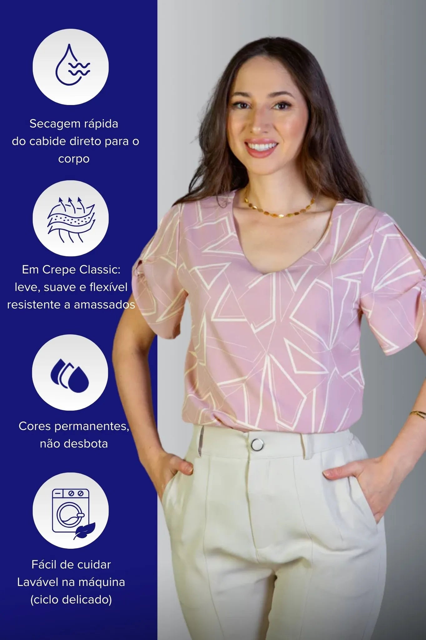 Blusa Manga Curta Decote "V" Crepe Classic Margot Estampada Rosa