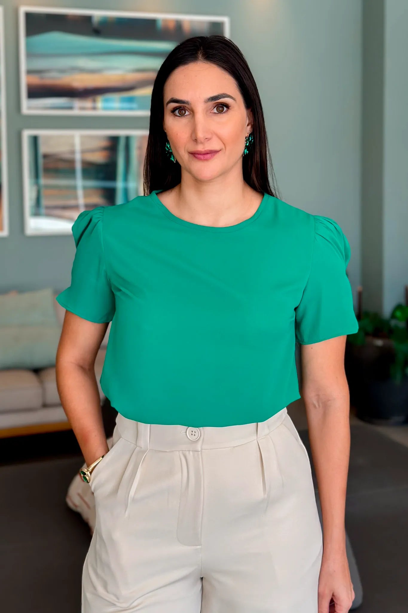 Blusa Manga Curta Detalhe Botões Karen Verde Bandeira