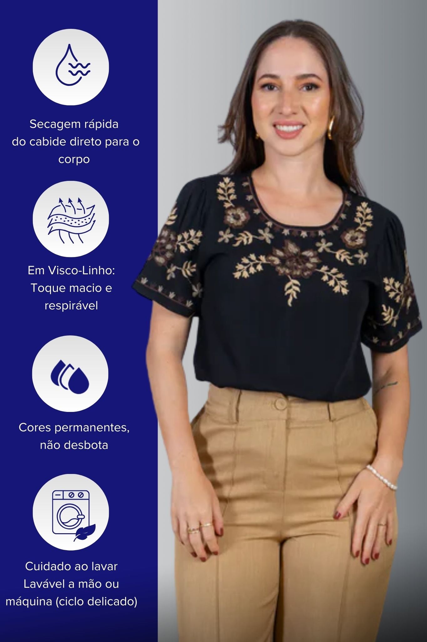 Blusa Manga Curta Visco-Linho Detalhes Bordados em Flores Darcy Preta
