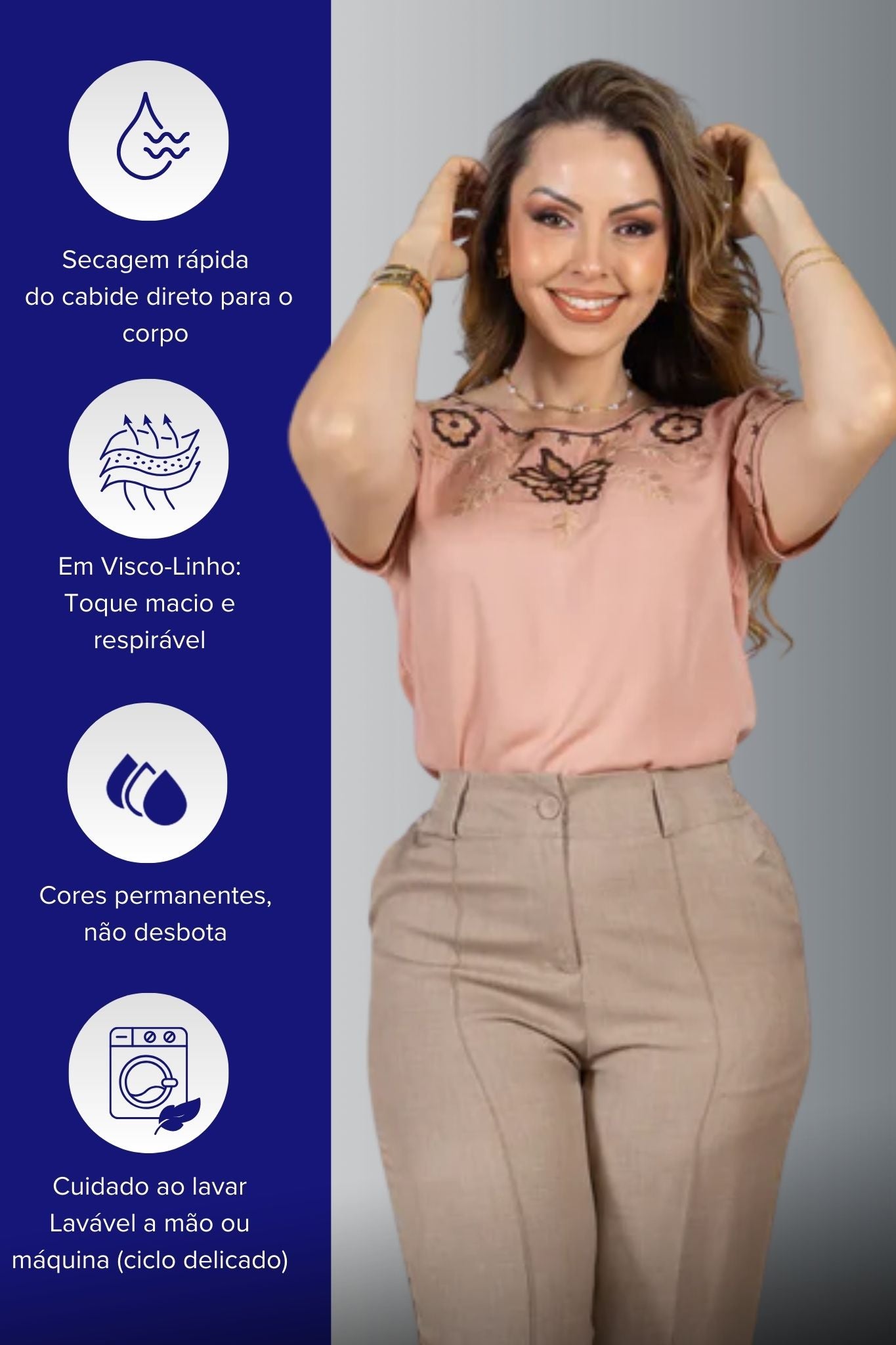 Blusa Manga Curta Visco-Linho Detalhes Bordados em Flores Darcy Rosa