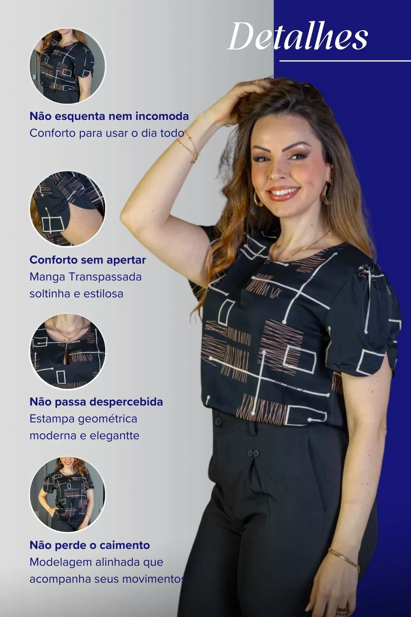 Blusa Manga Curta Colo Detalhe Botão Crepe Classic Samara Estampada Preta