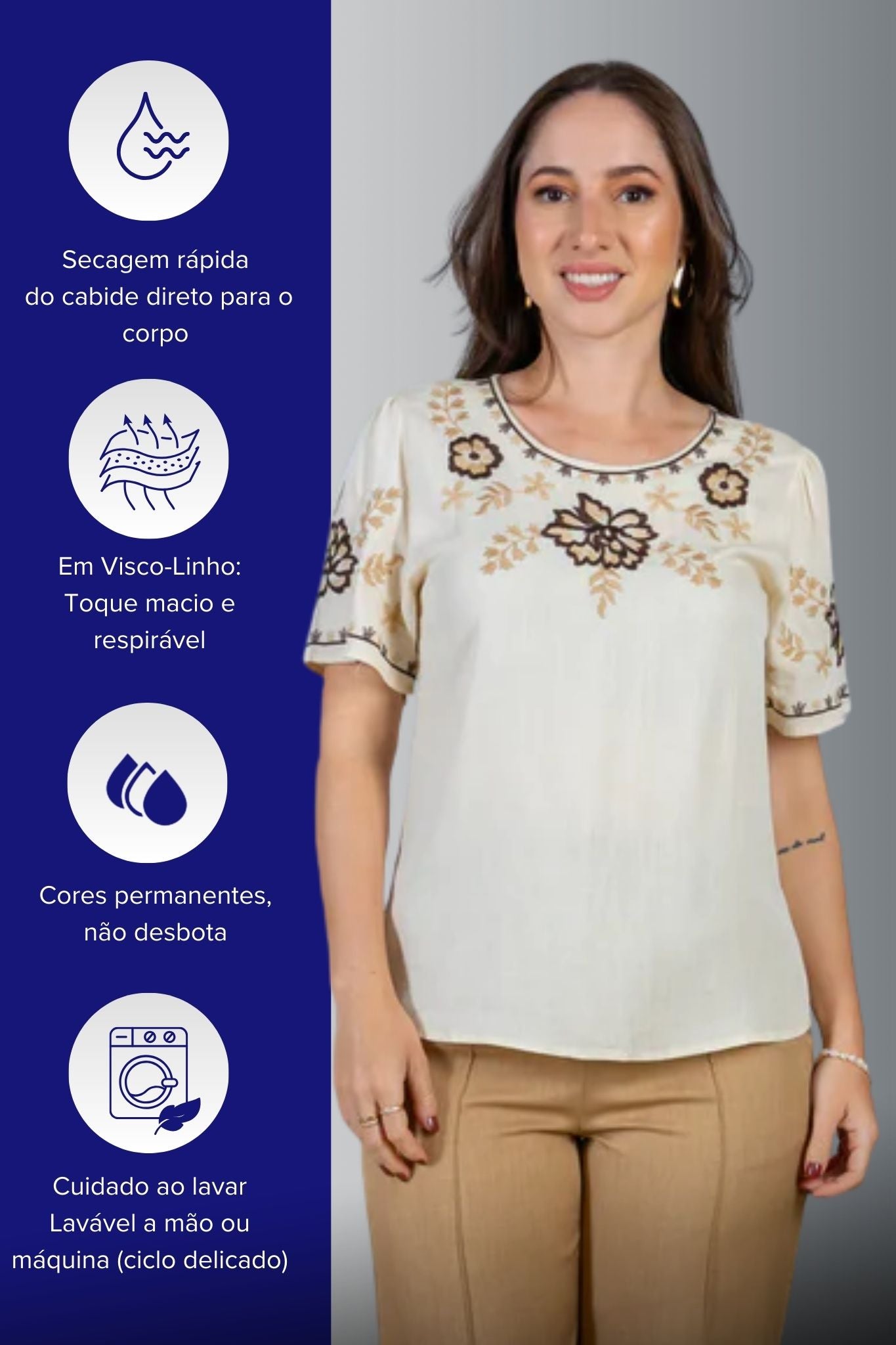 Blusa Manga Curta Visco-Linho Detalhes Bordados em Flores Darcy Creme