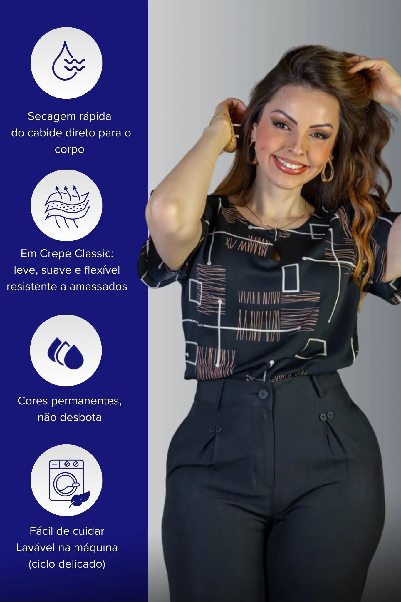 Blusa Manga Curta Colo Detalhe Botão Crepe Classic Samara Estampada Preta