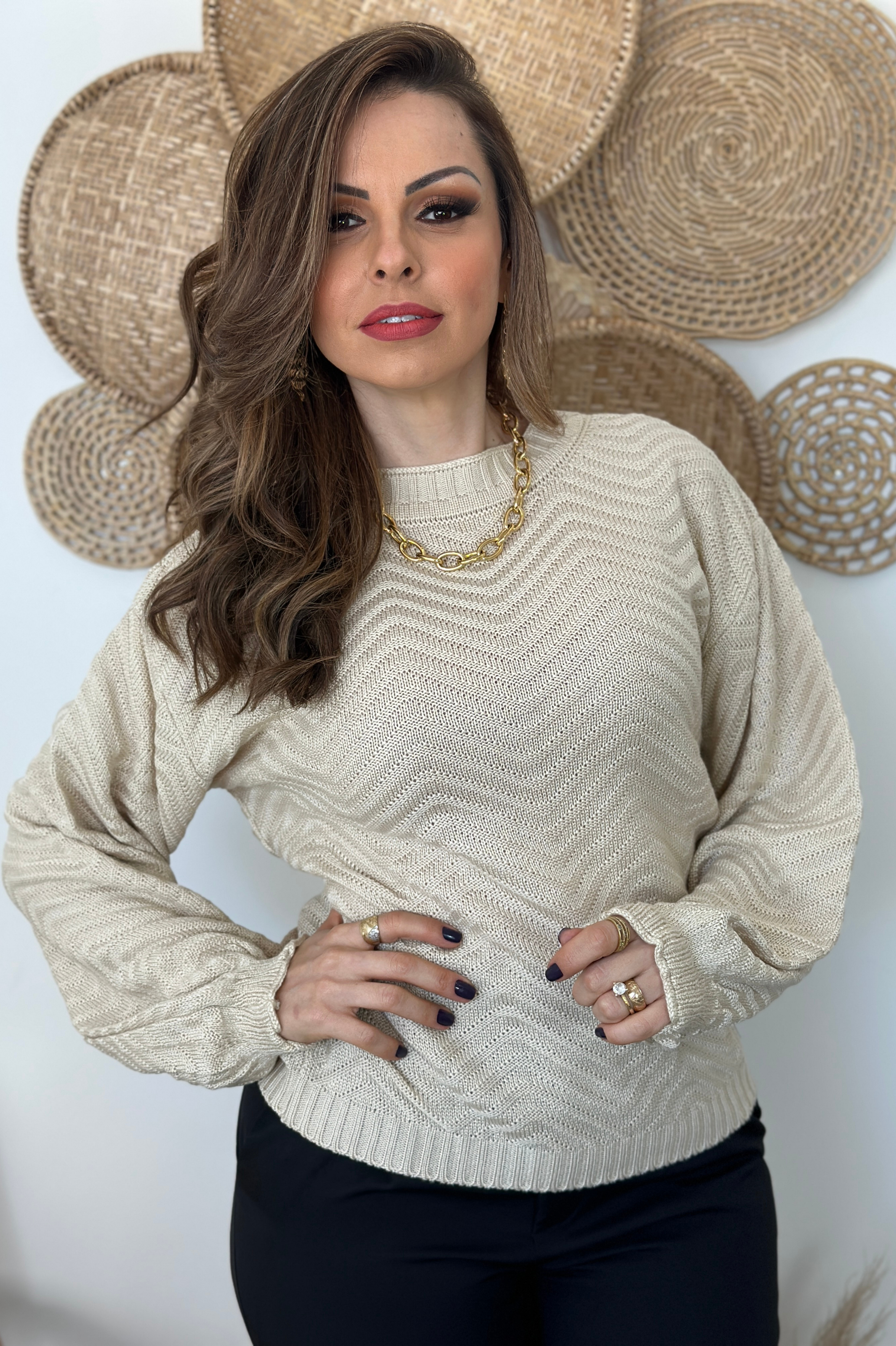 Blusa Manga Longa Tricot Simone Creme