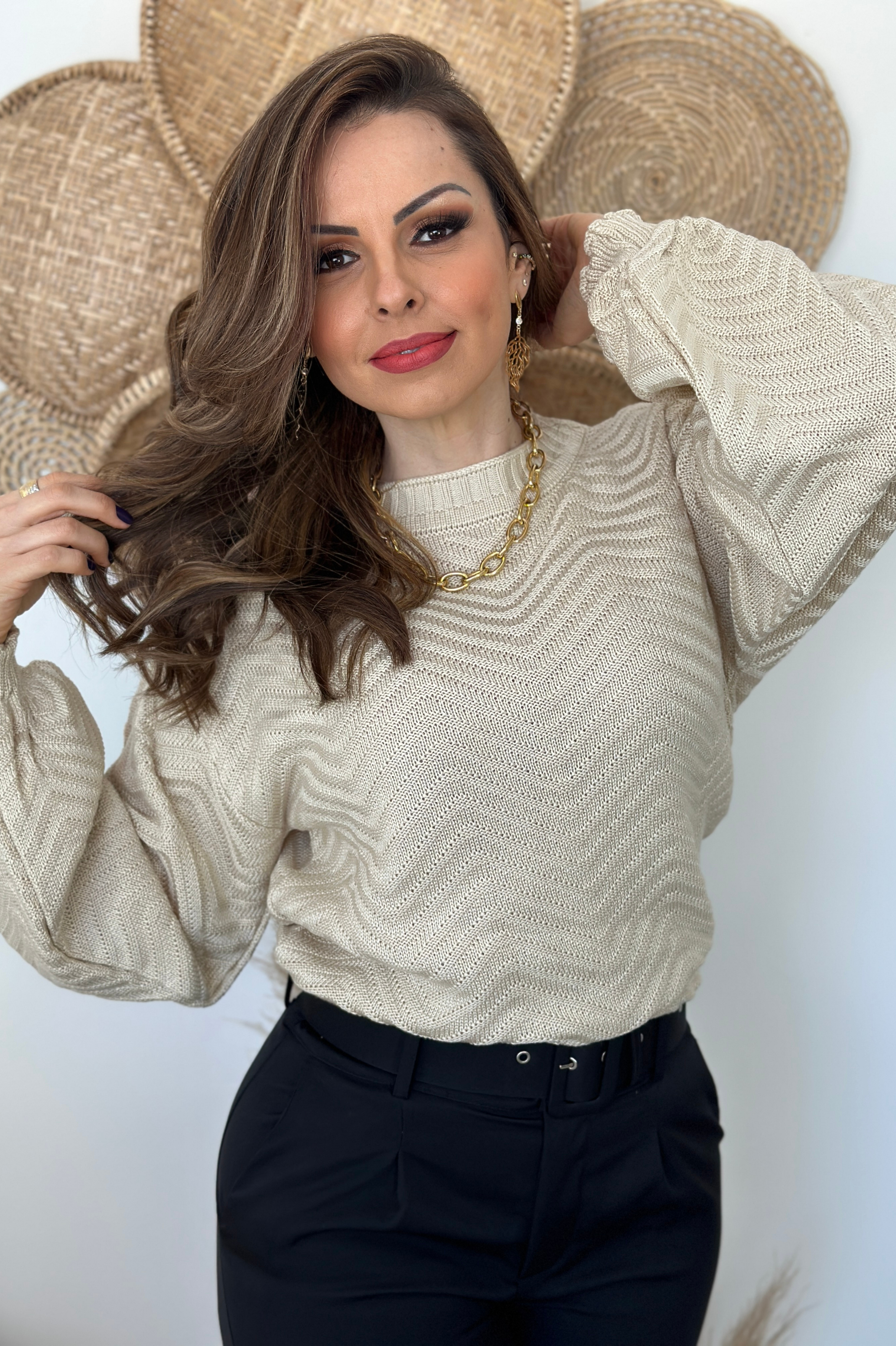 Blusa Manga Longa Tricot Simone Creme