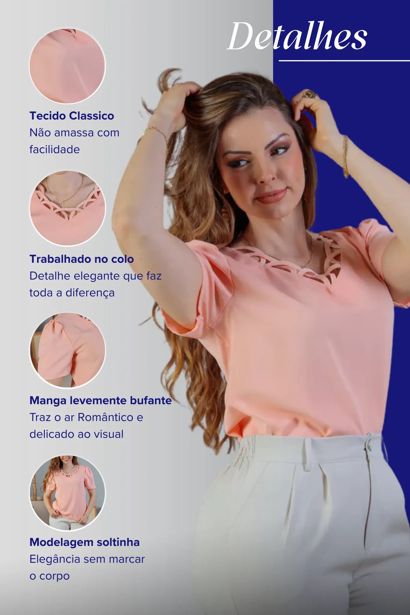 Blusa Manga Curta Detalhe Decote Crepe Classic Carolina Rosa