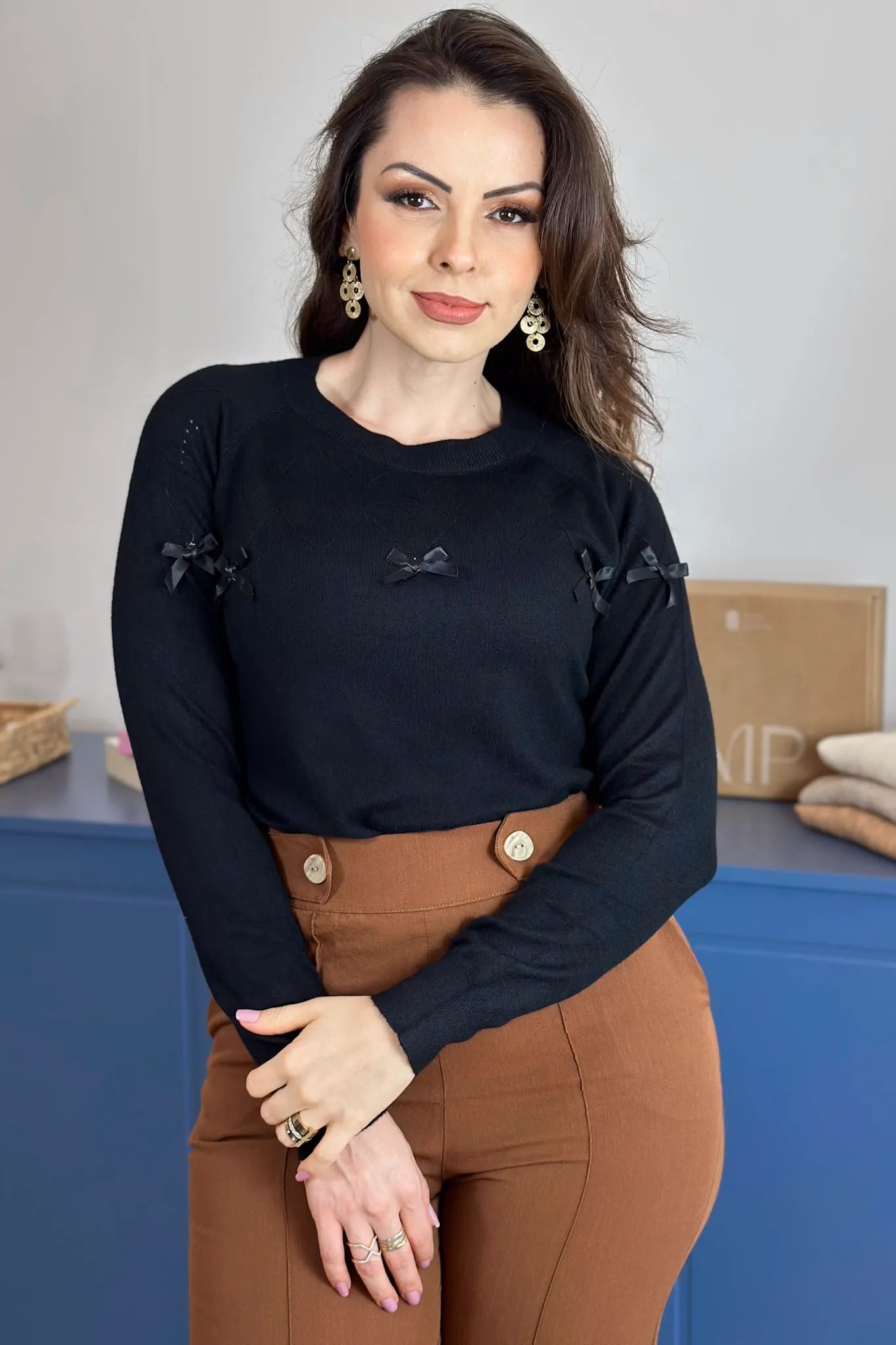 Blusa Manga Longa Em Tricot Cotton Ágata Preto