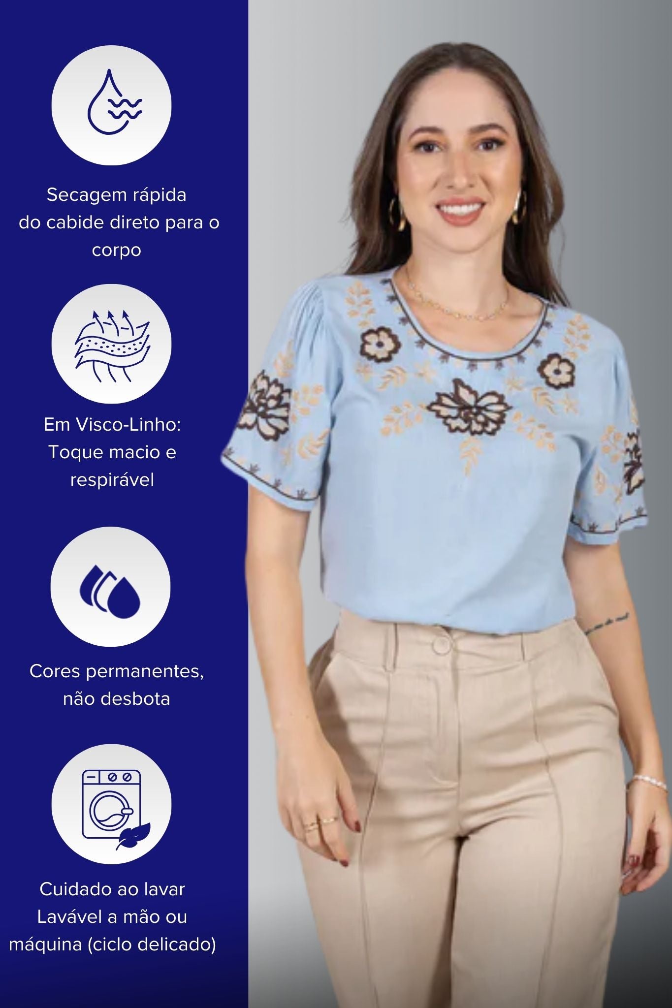 Blusa Manga Curta Visco-Linho Detalhes Bordados em Flores Darcy Azul
