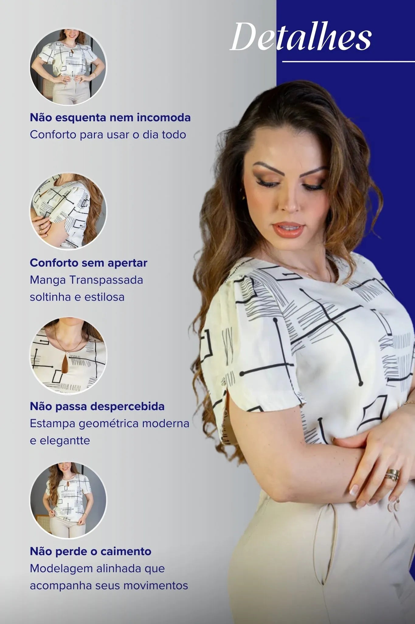 Blusa Manga Curta Colo Detalhe Botão Crepe Classic Samara Estampada Creme