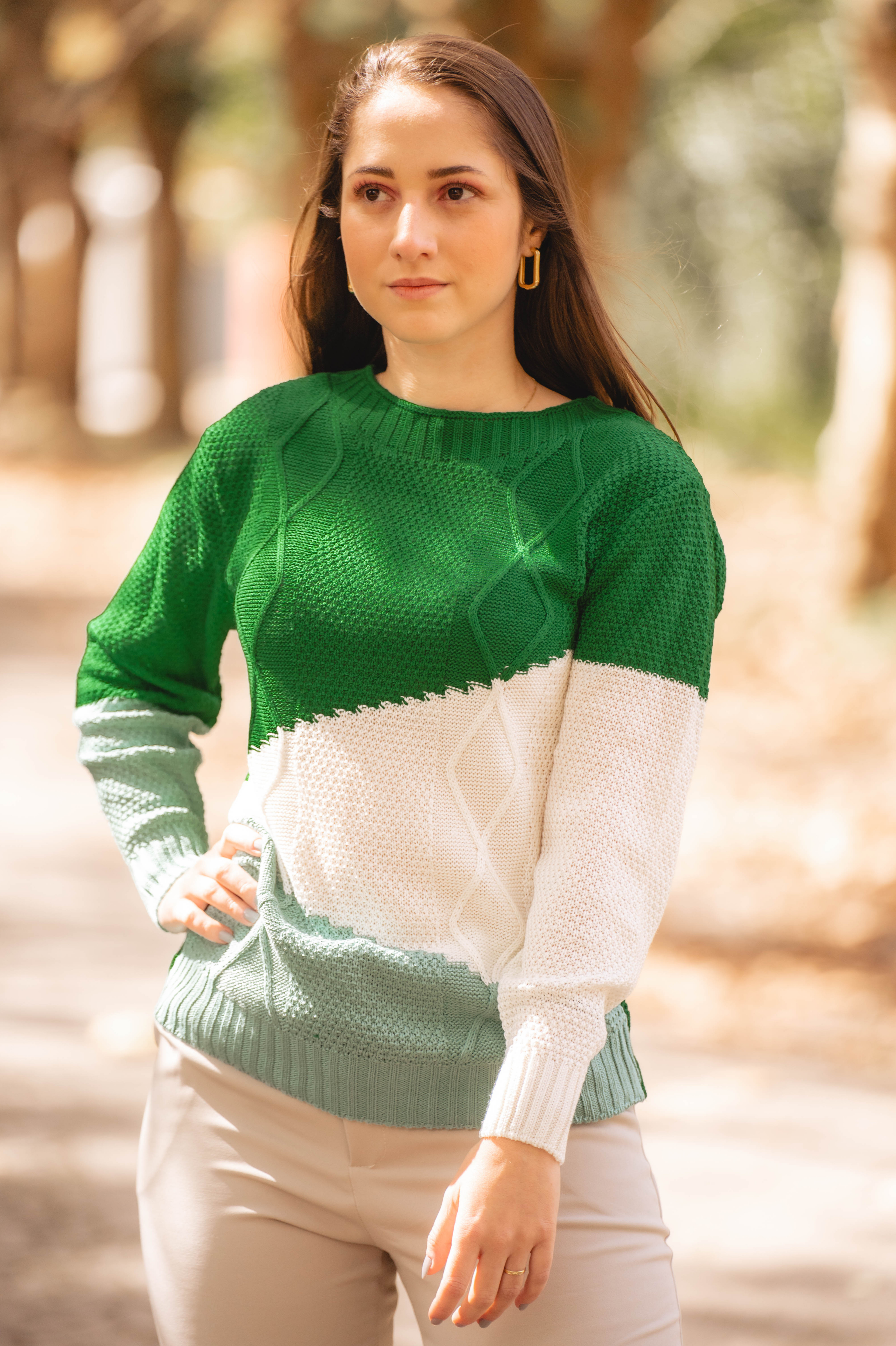 Blusa Tricot Manga Longa Tricolor Losango Adriana Verde
