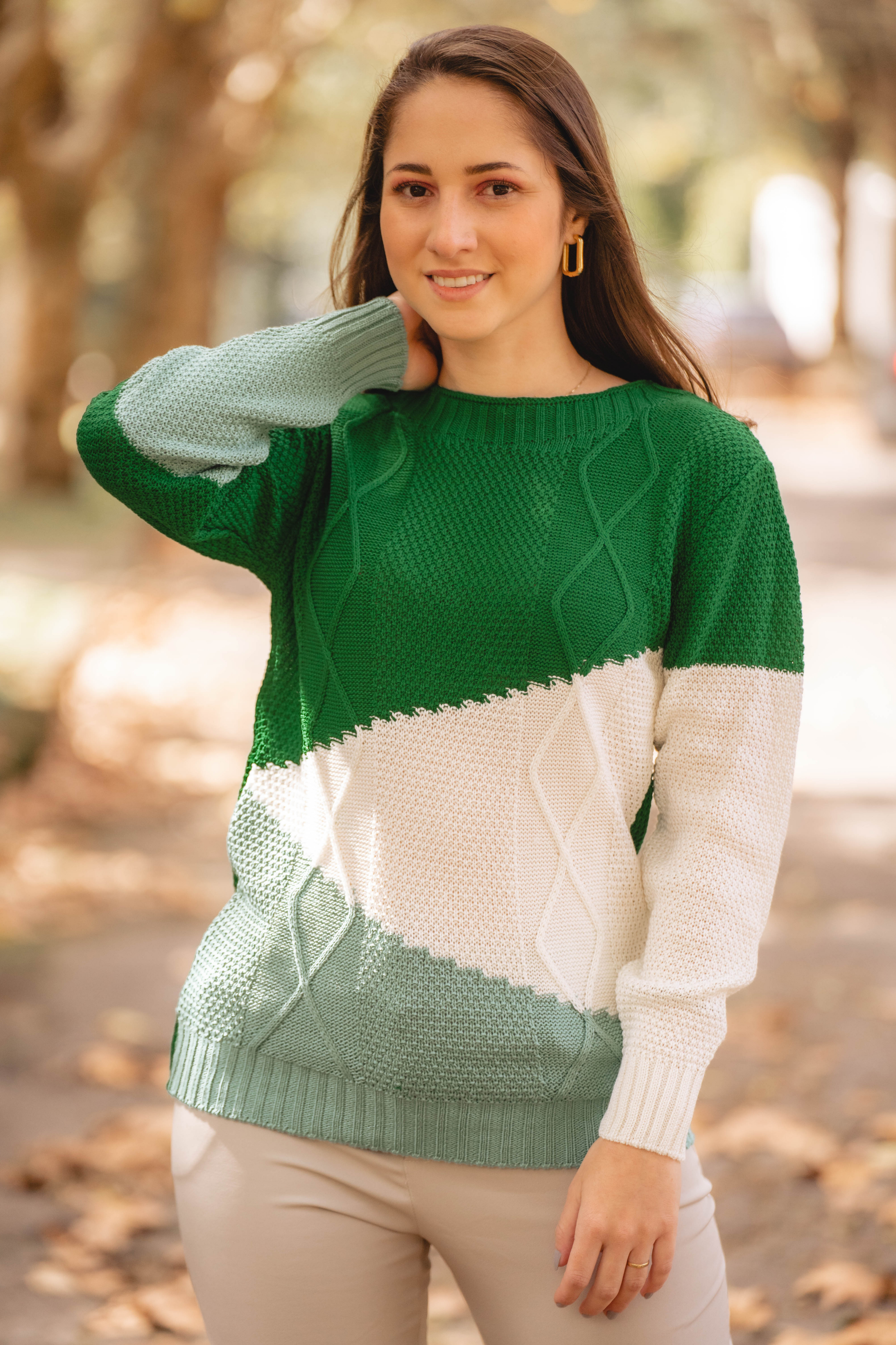 Blusa Tricot Manga Longa Tricolor Losango Adriana Verde
