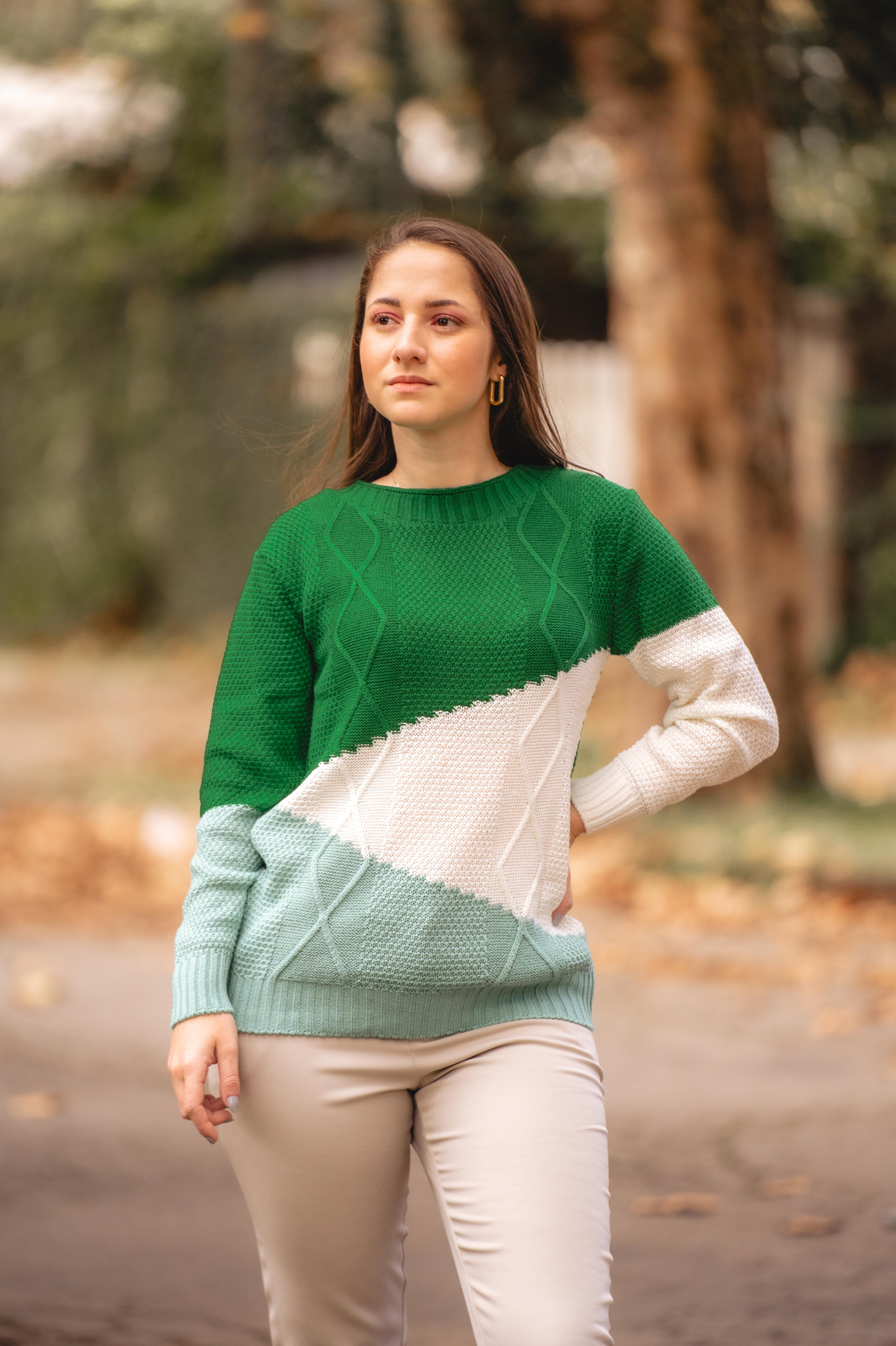 Blusa Tricot Manga Longa Tricolor Losango Adriana Verde