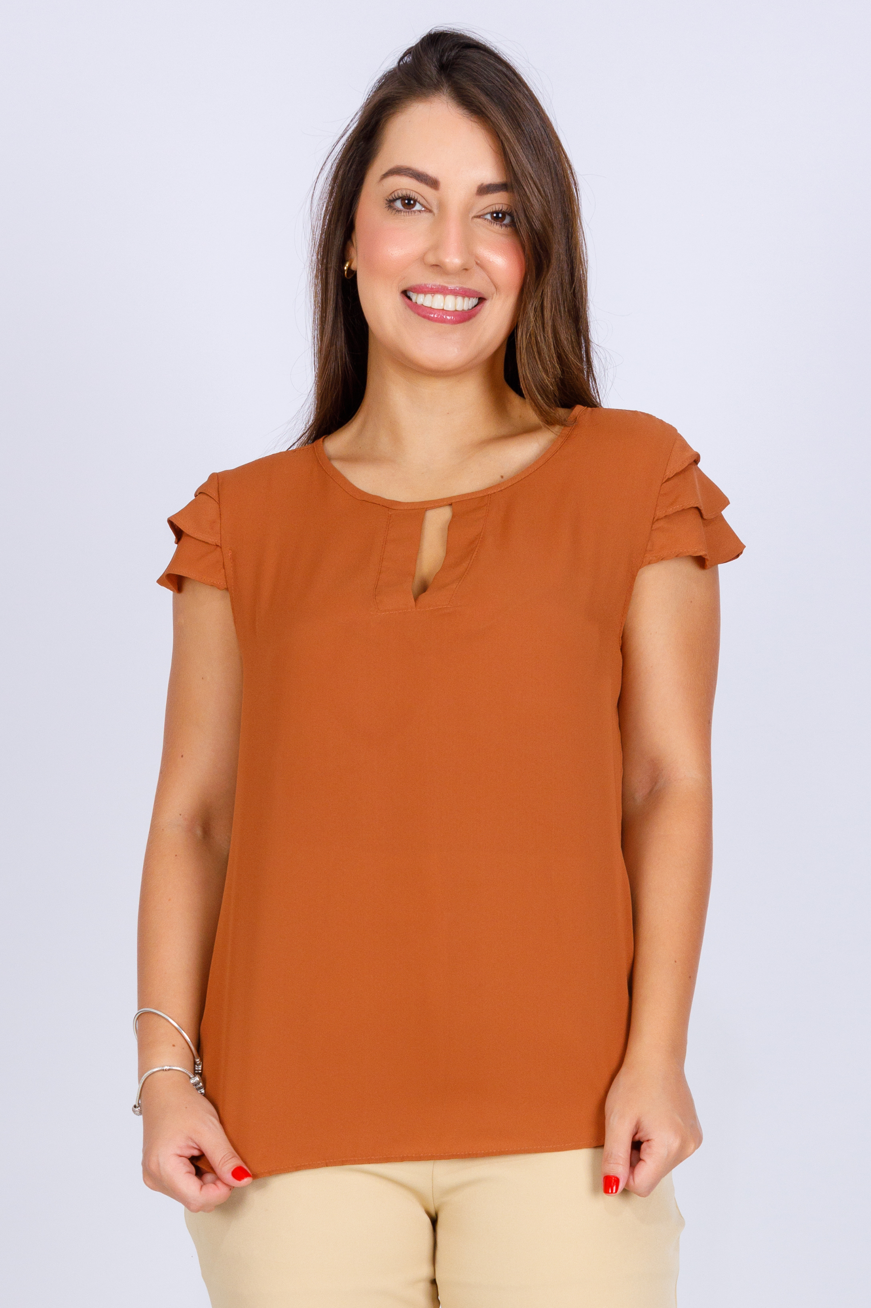Blusa Manga Curta Camadas Marrom