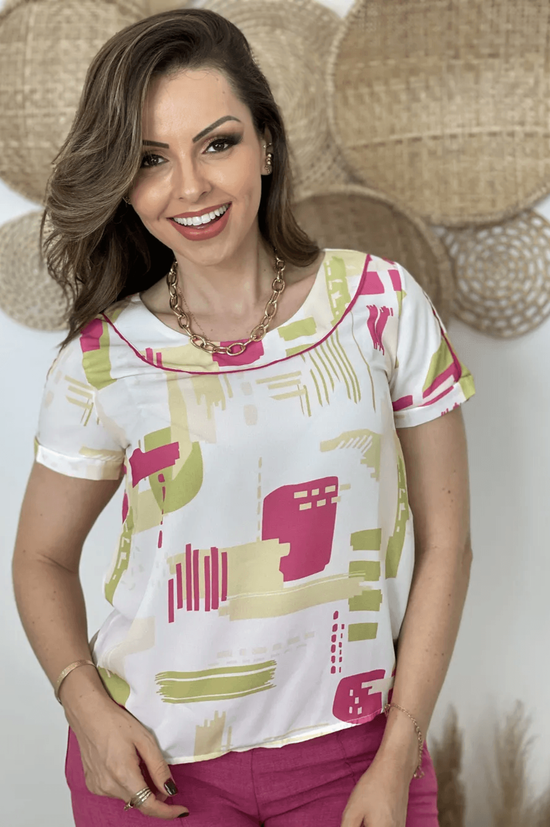 Blusa Manga Curta Abstrata Neusa Rosa