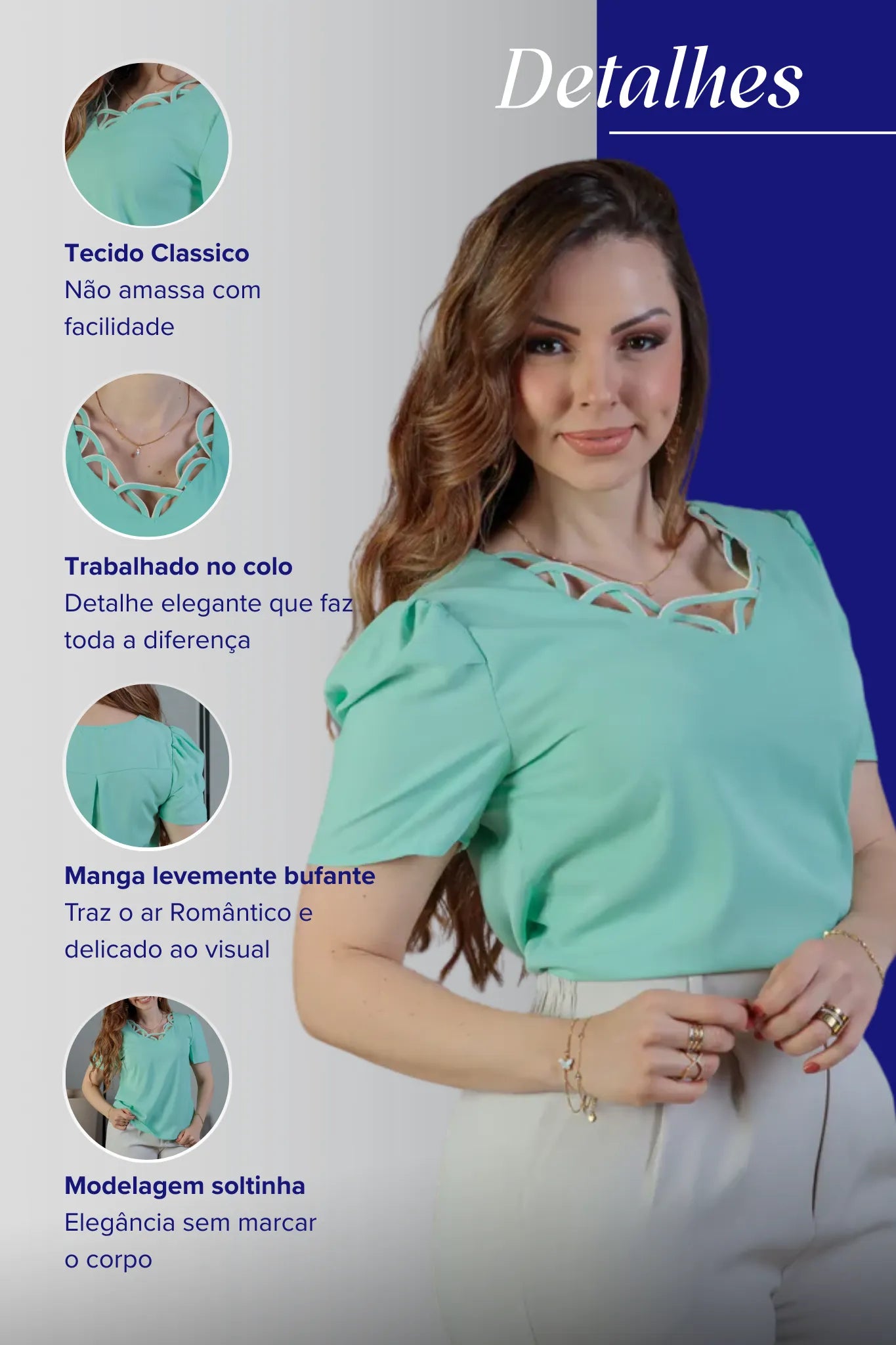 Blusa Manga Curta Detalhe Decote Crepe Classic Carolina Ciano
