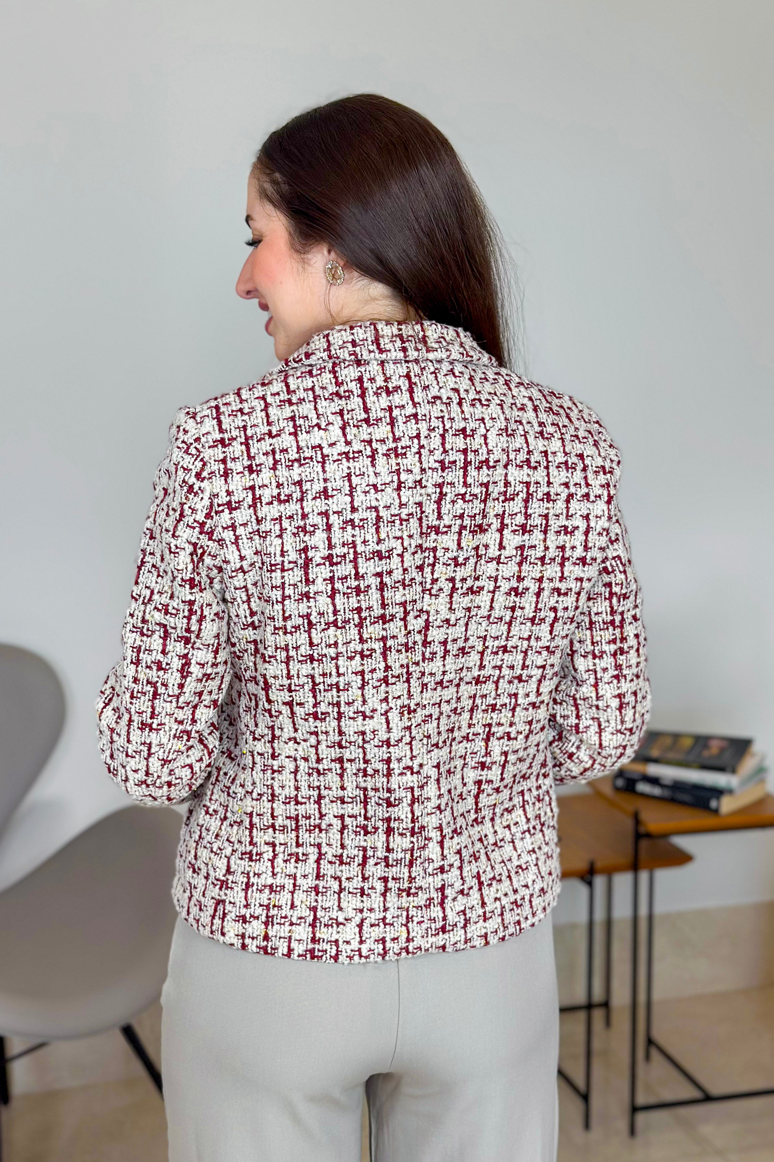 Casaco Elegante Em Tweed Pérola Estampado Vermelho