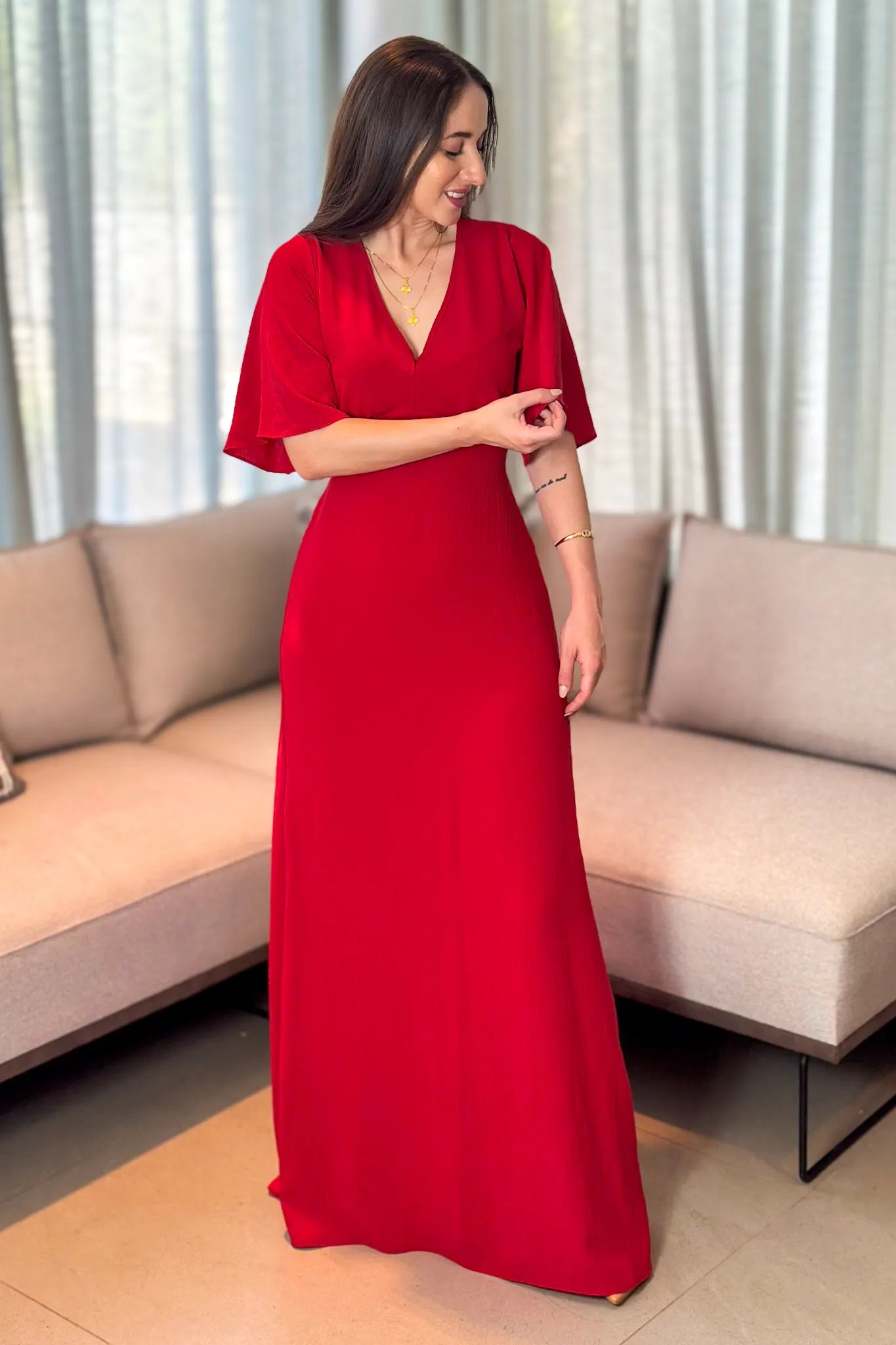 Vestido Longo Duna Decote "V" Melina Vermelho