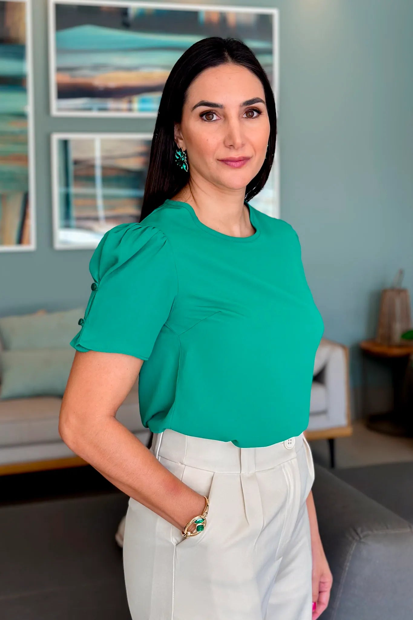 Blusa Manga Curta Detalhe Botões Karen Verde Bandeira