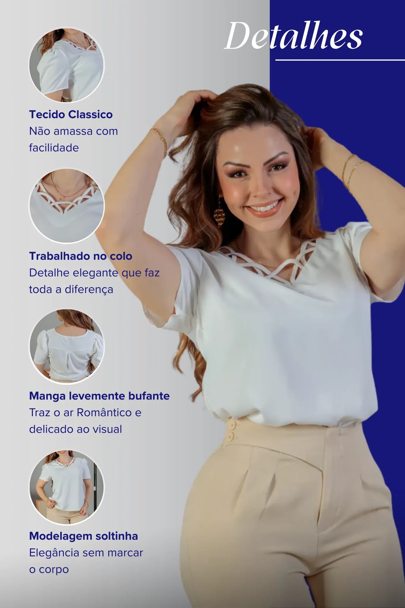 Blusa Manga Curta Detalhe Decote Crepe Classic Carolina Branca