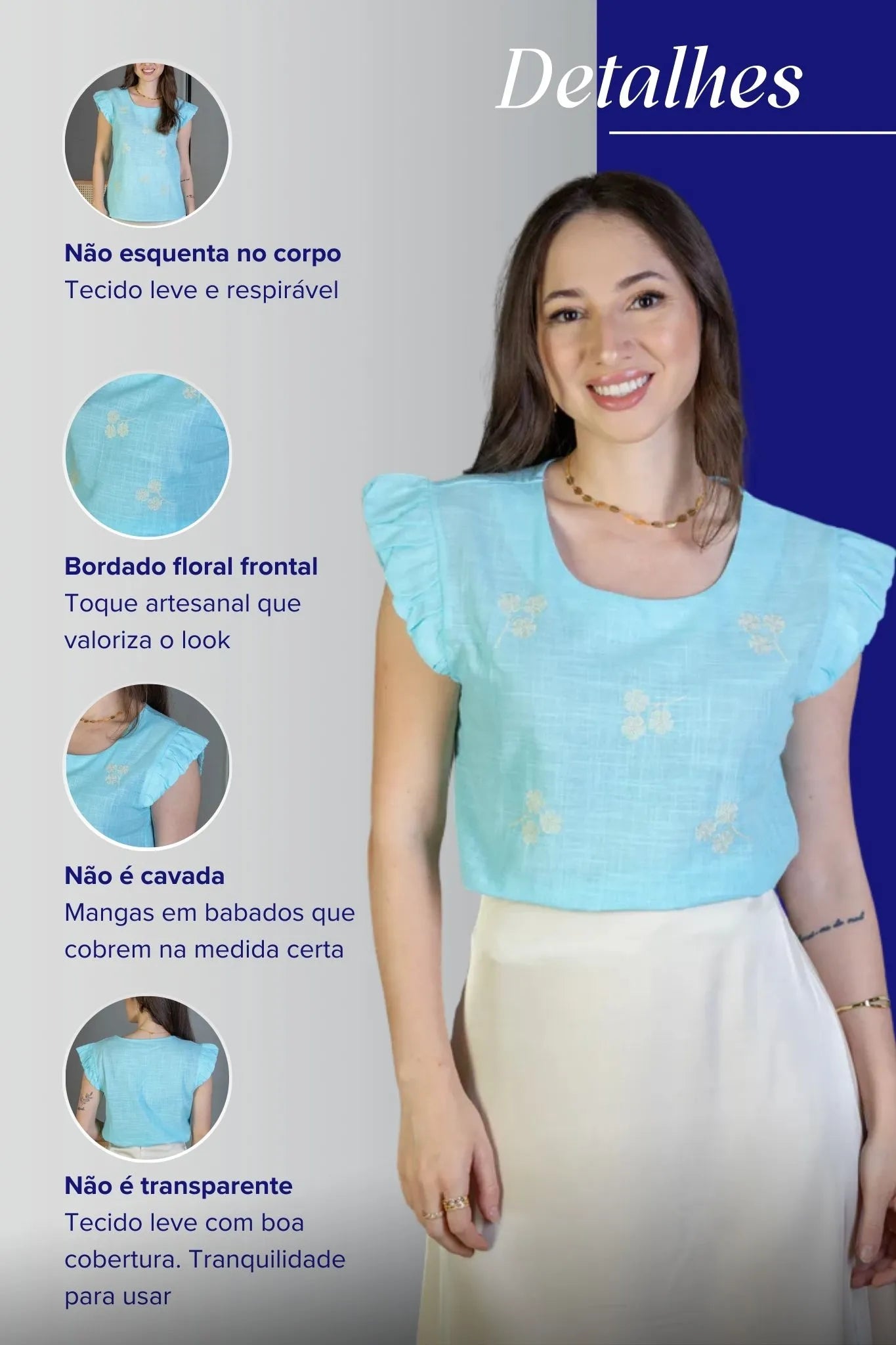 Blusa Manga Curta Em Algodão Textura Laise Michelle Azul Claro
