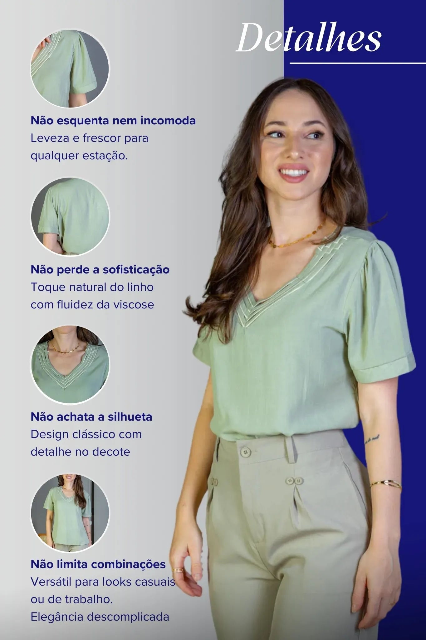 Blusa Manga Curta Detalhe Decote "V" Visco-Linho Marília Verde