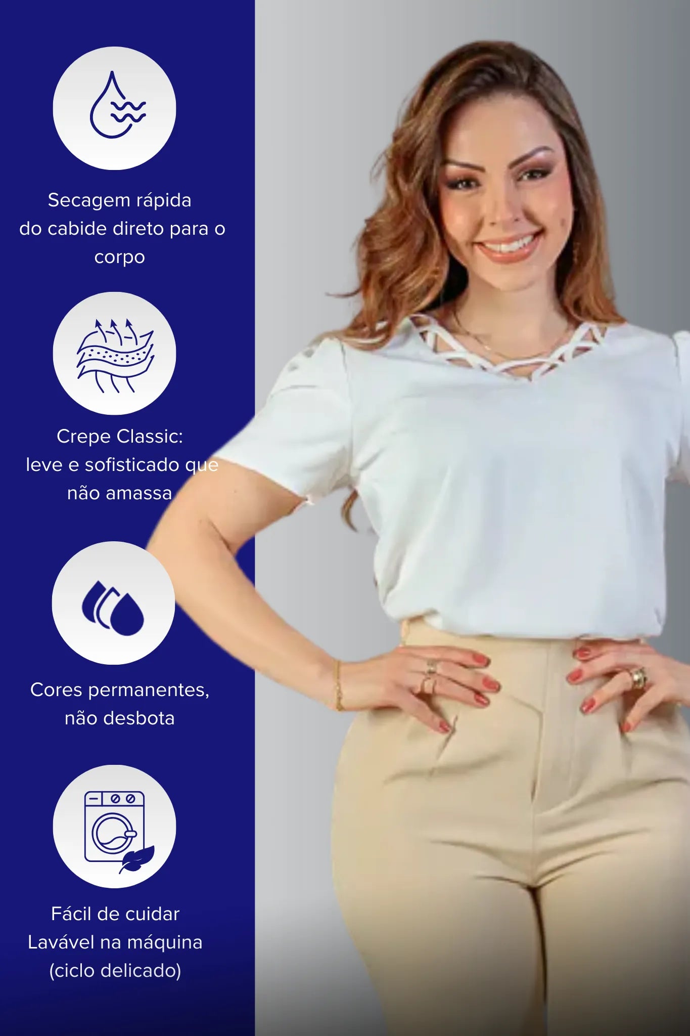 Blusa Manga Curta Detalhe Decote Crepe Classic Carolina Branca