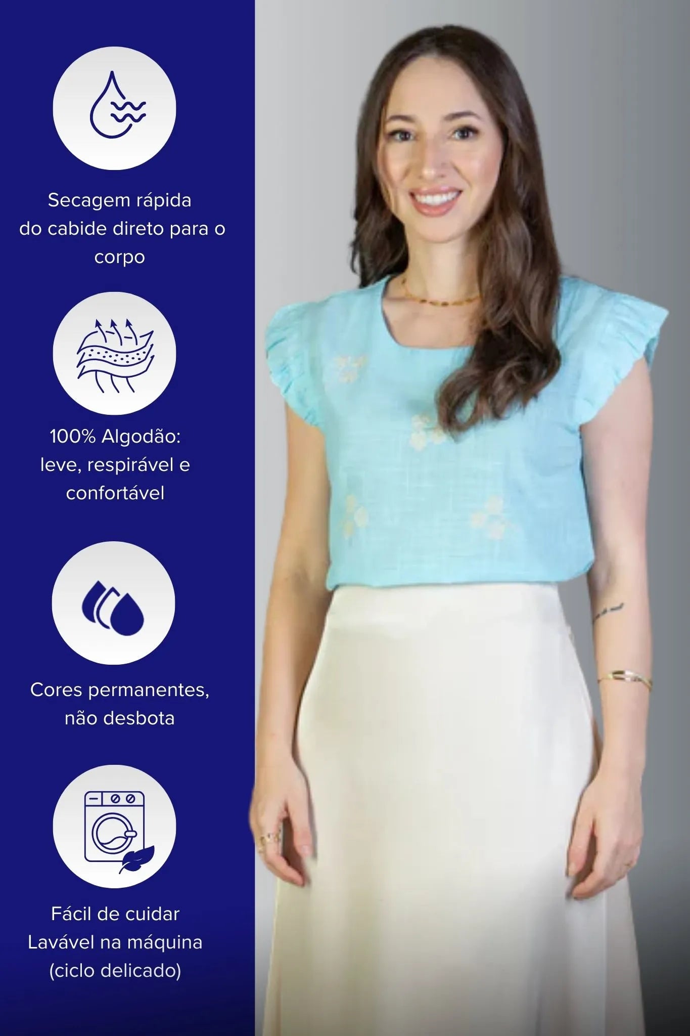 Blusa Manga Curta Em Algodão Textura Laise Michelle Azul Claro