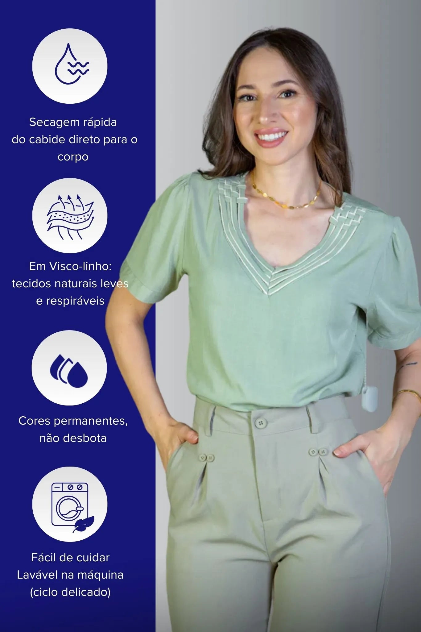 Blusa Manga Curta Detalhe Decote "V" Visco-Linho Marília Verde