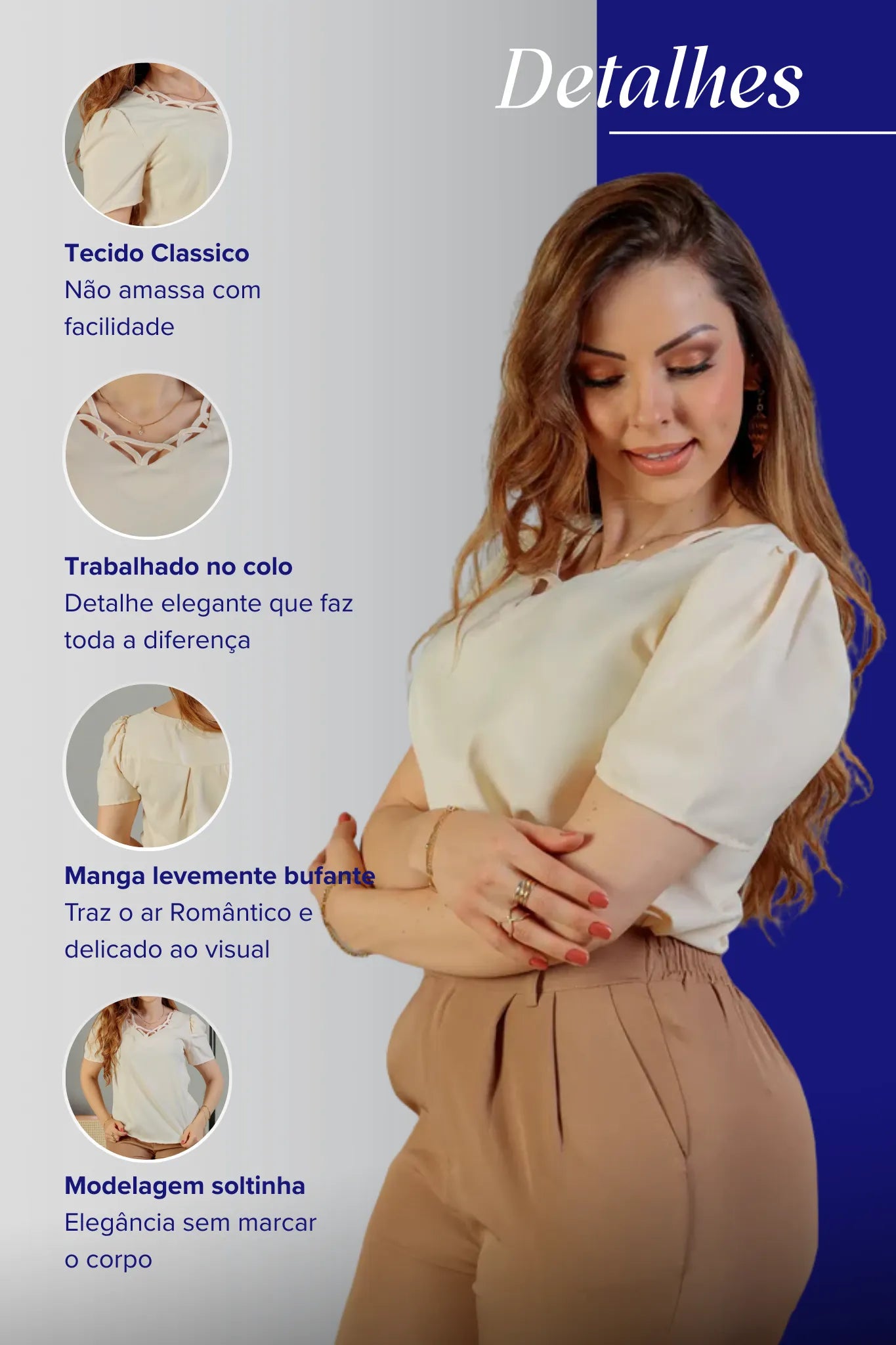 Blusa Manga Curta Detalhe Decote Crepe Classic Carolina Bege