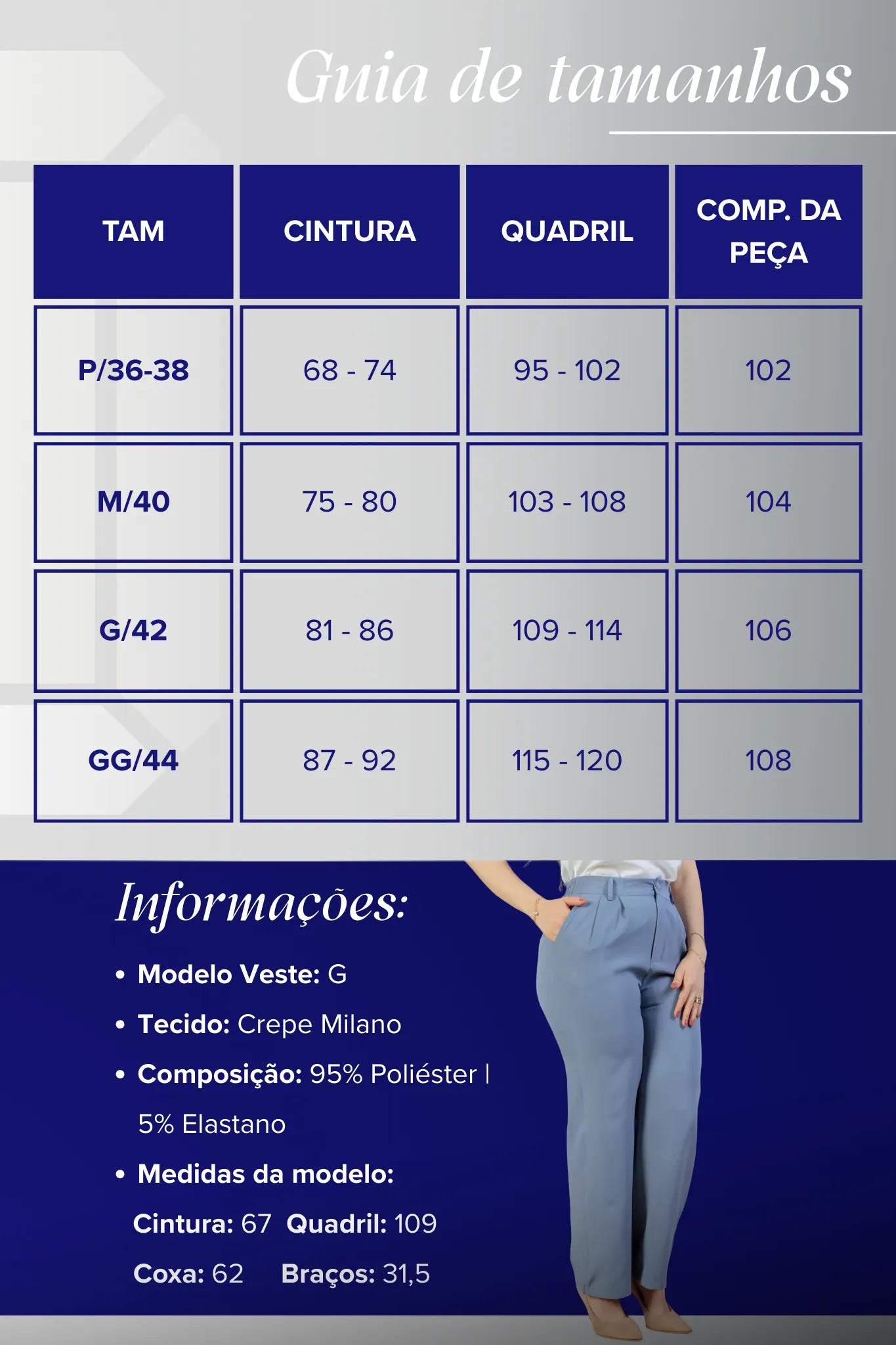 Calça Pantalona Crepe Milano Detalhe Botão Encapado Elena Azul