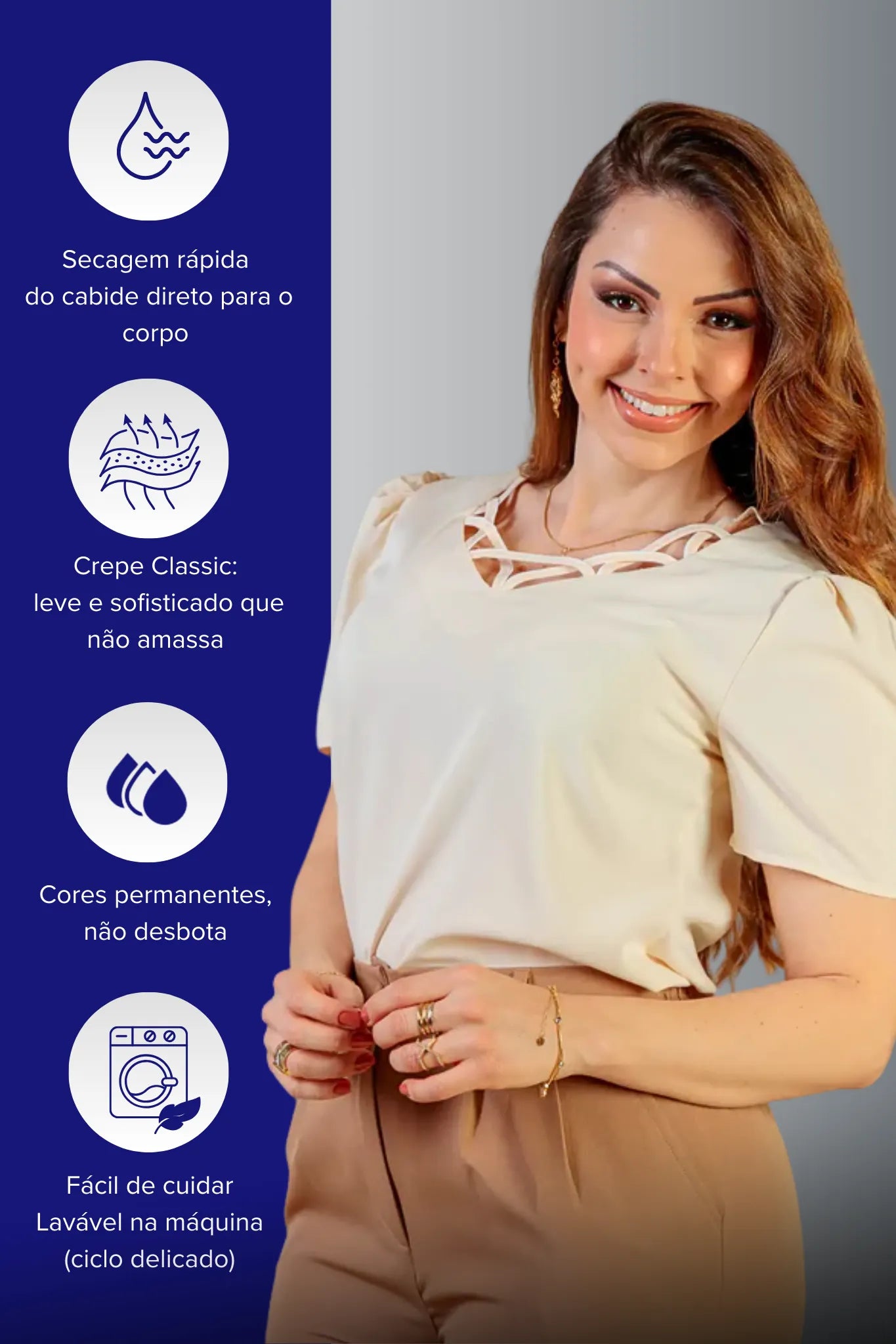 Blusa Manga Curta Detalhe Decote Crepe Classic Carolina Bege