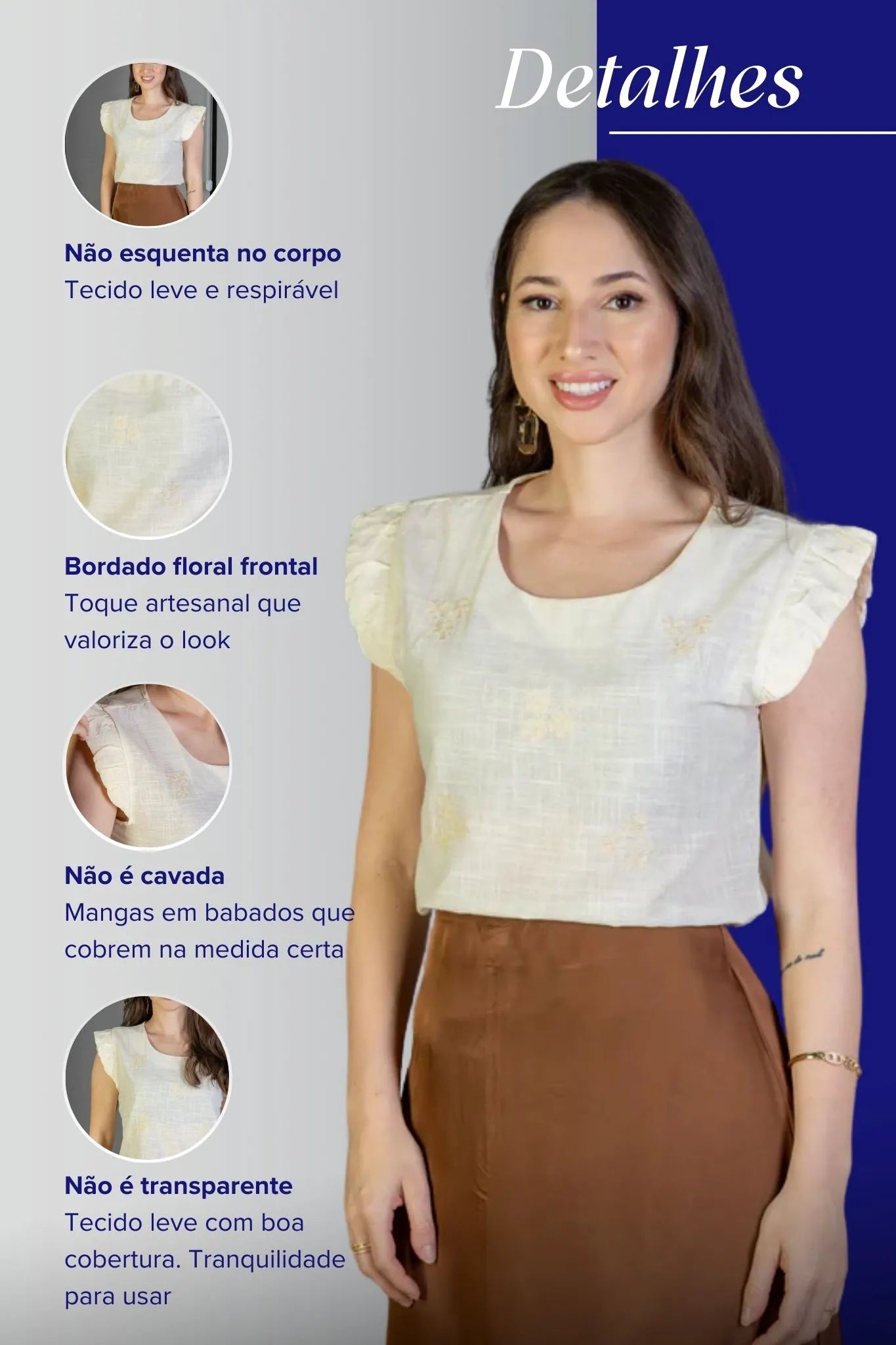 Blusa Manga Curta Em Algodão Textura Laise Michelle Bege