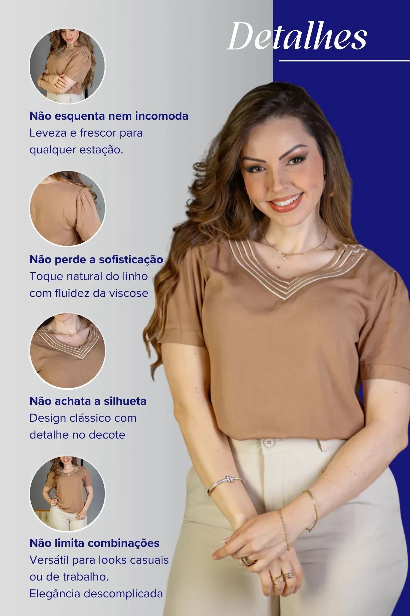 Blusa Manga Curta Detalhe Decote "V" Visco-Linho Marília Marrom