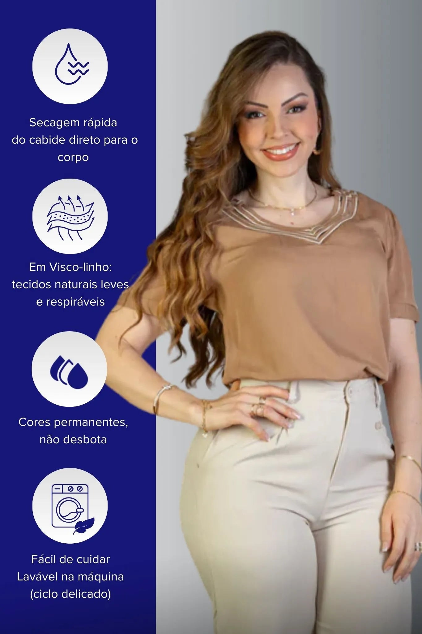 Blusa Manga Curta Detalhe Decote "V" Visco-Linho Marília Marrom