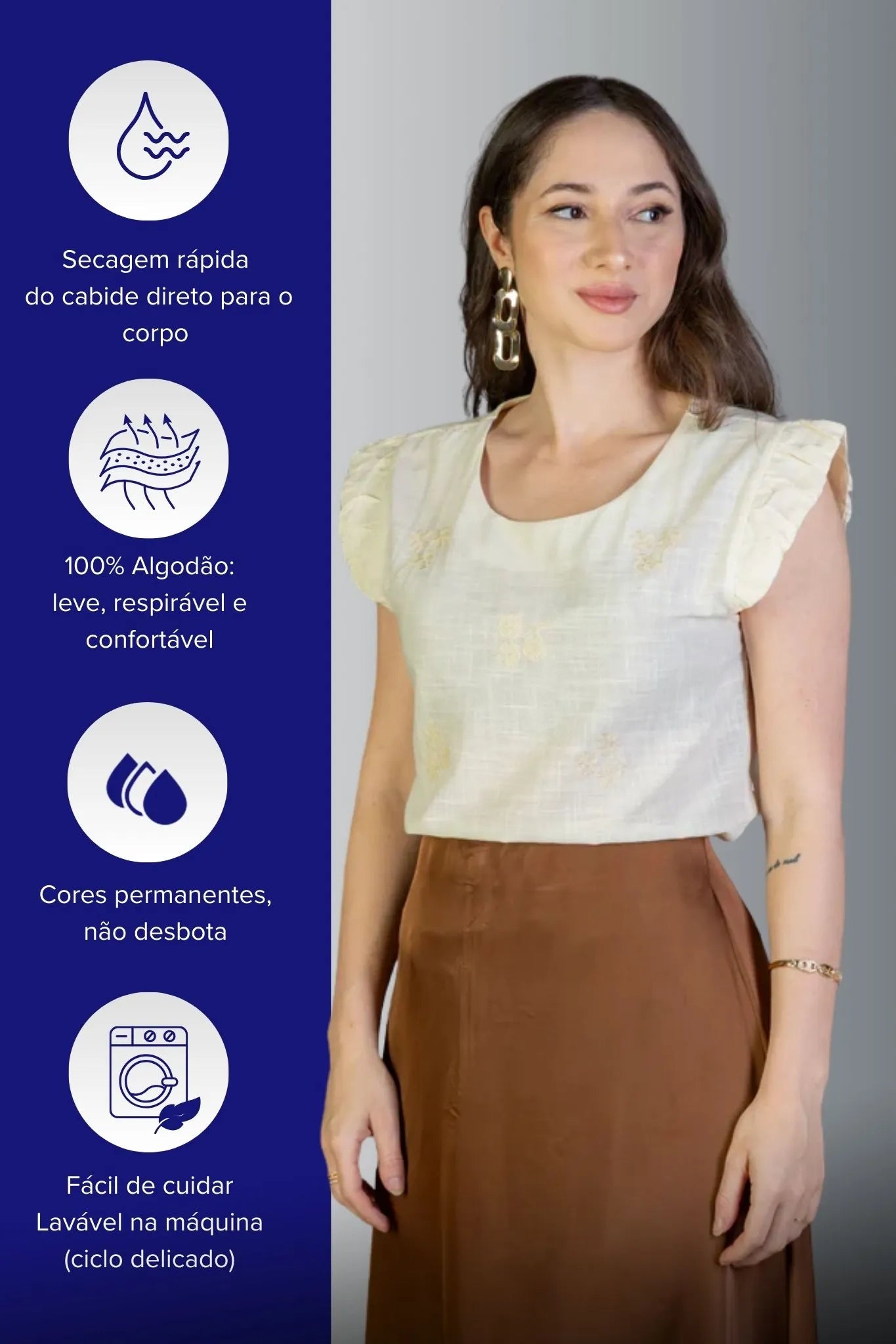 Blusa Manga Curta Em Algodão Textura Laise Michelle Bege