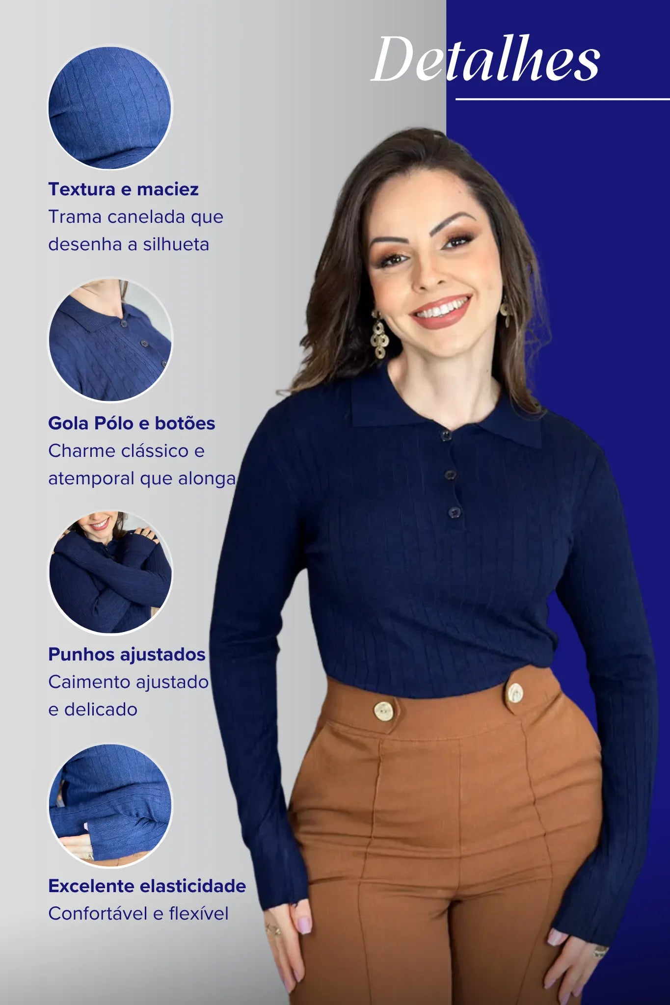 Blusa Manga Longa Em Tricot Cotton Antonella Azul Marinho