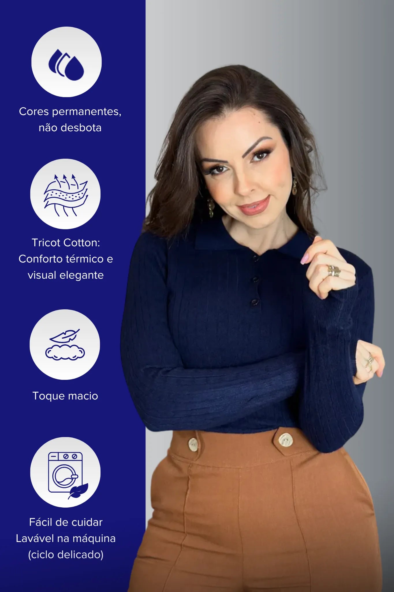 Blusa Manga Longa Em Tricot Cotton Antonella Azul Marinho