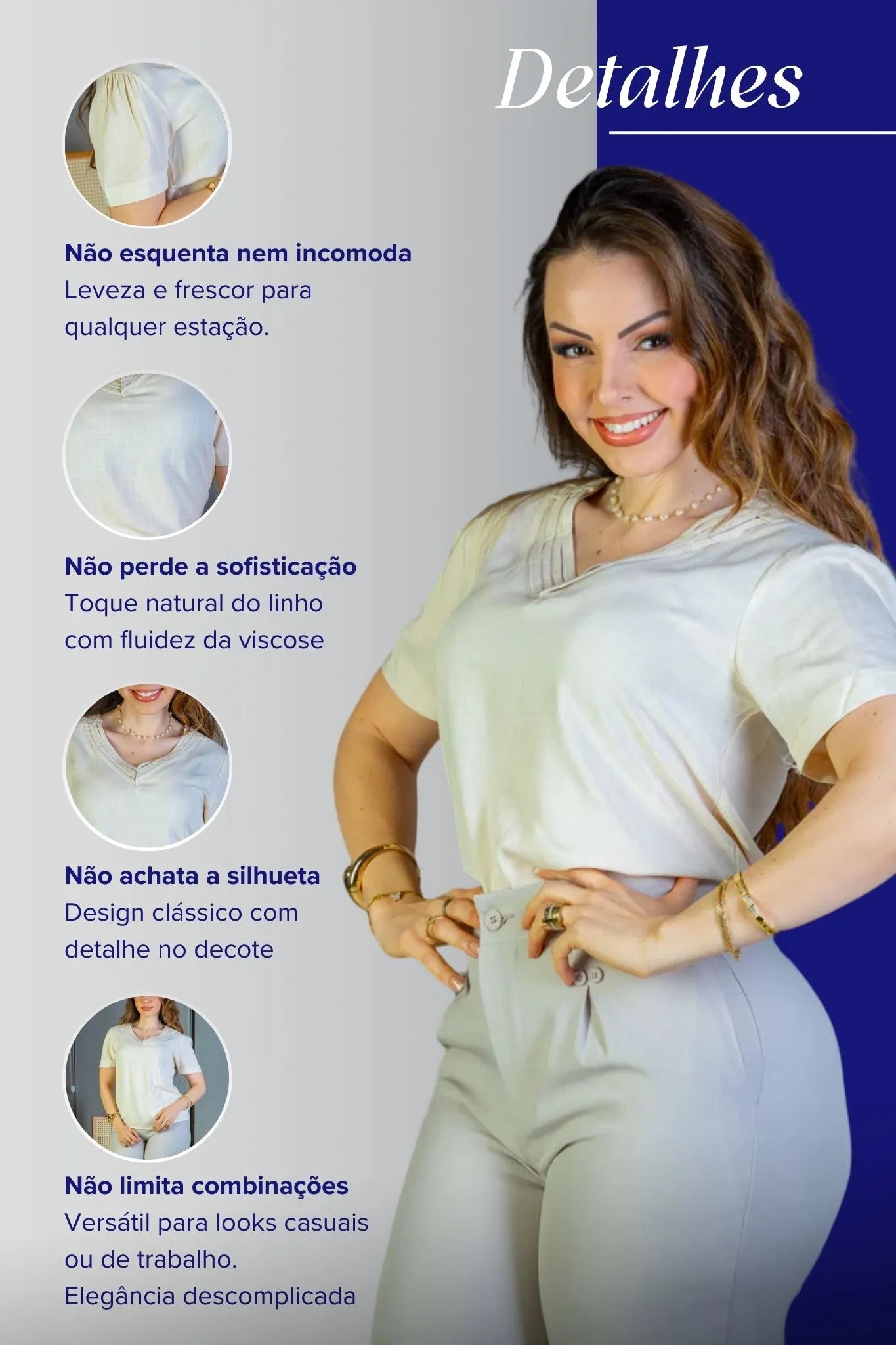 Blusa Manga Curta Detalhe Decote "V" Visco-Linho Marília Creme