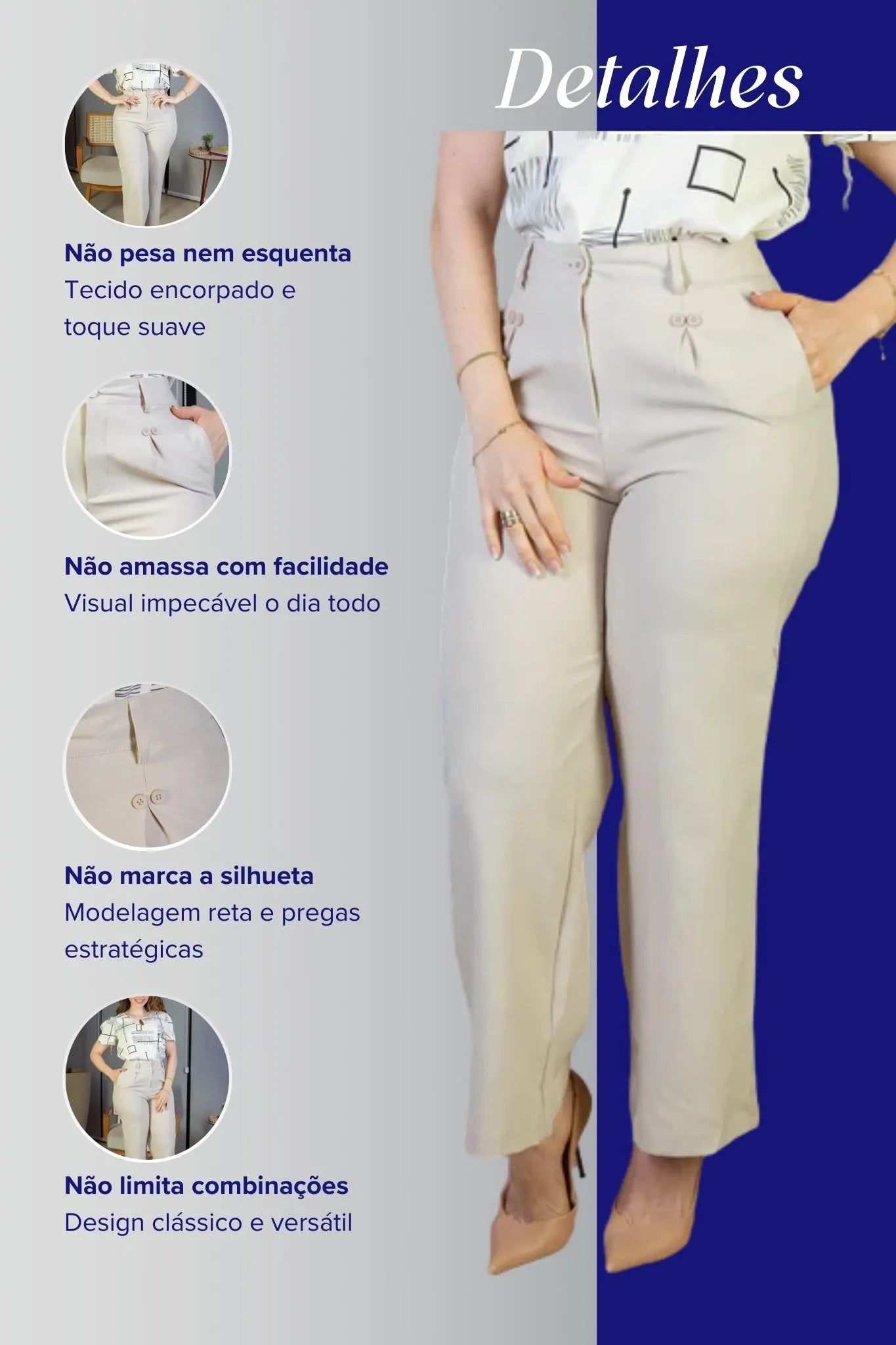 Calça Pantalona Detalhe Botões Crepe Alfaiataria Larissa Bege