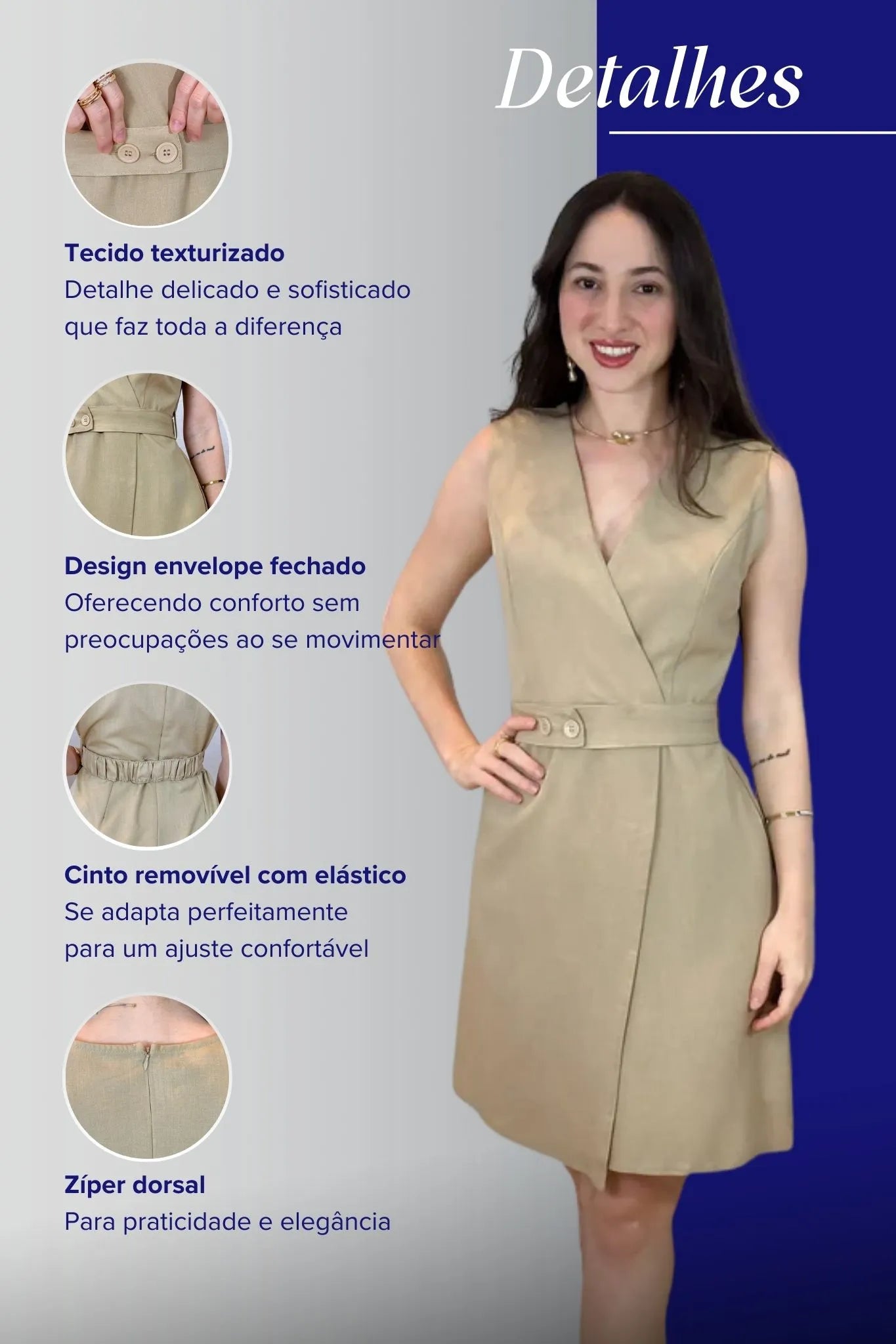 Vestido Decote "V" Regata Detalhe Cinto Soft Elegance Malu Bege