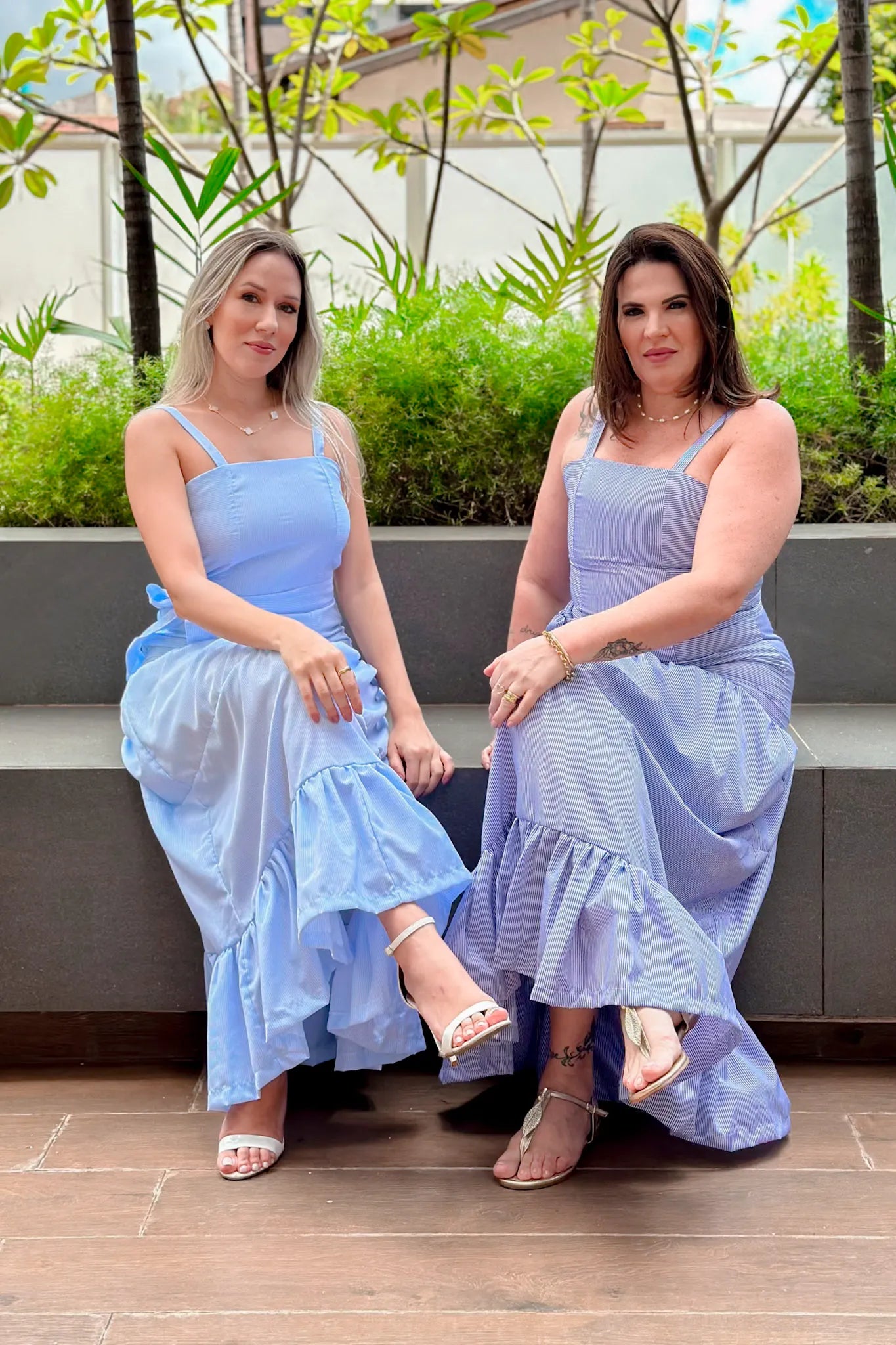 Vestido Longo Listrado Monica Azul Marinho
