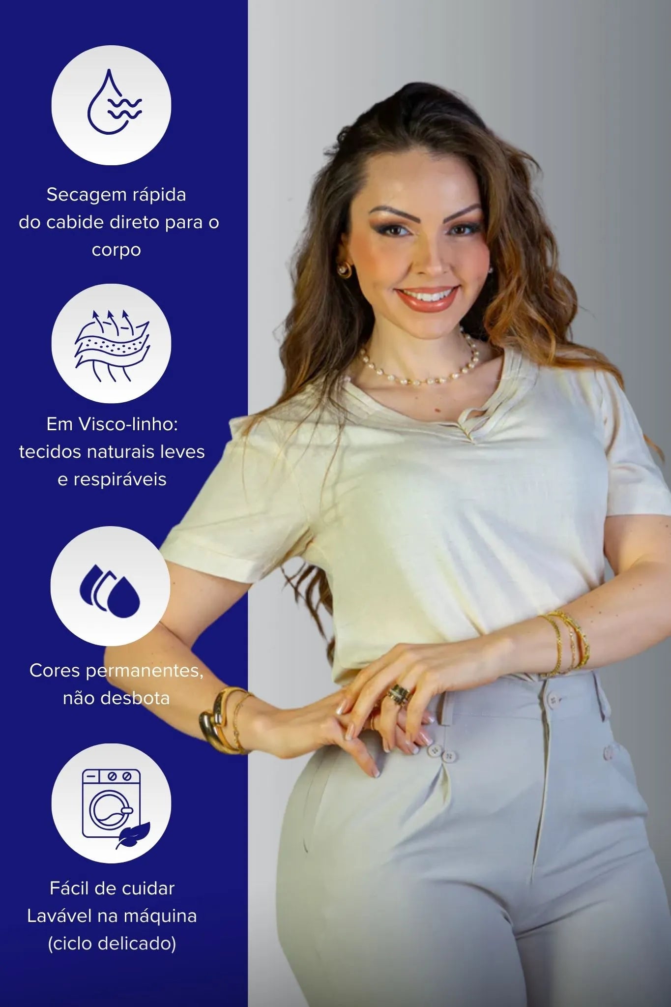 Blusa Manga Curta Detalhe Decote "V" Visco-Linho Marília Creme