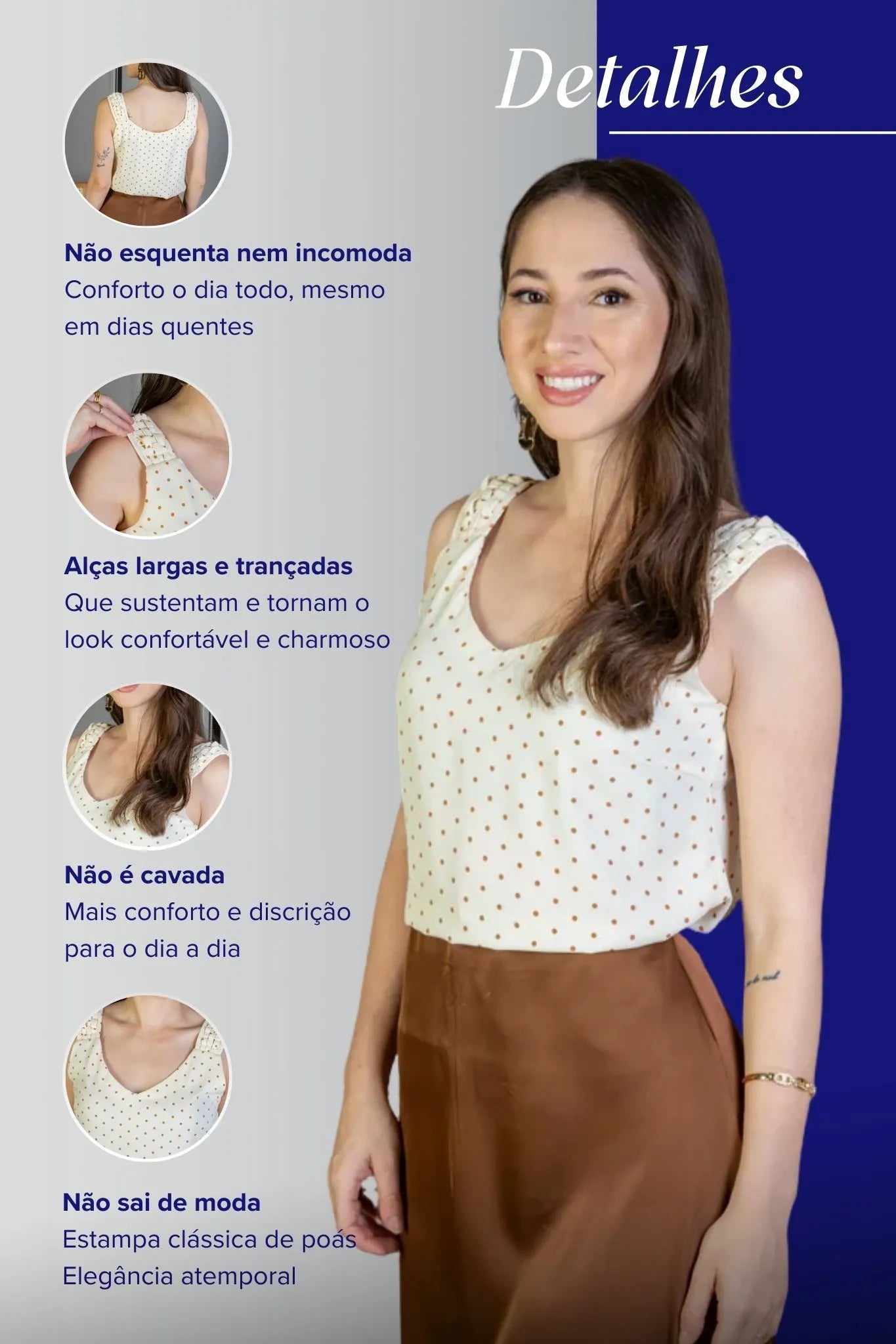 Blusa Regata Detalhe Alça Estampada Poá Crepe Classic Isabel Creme