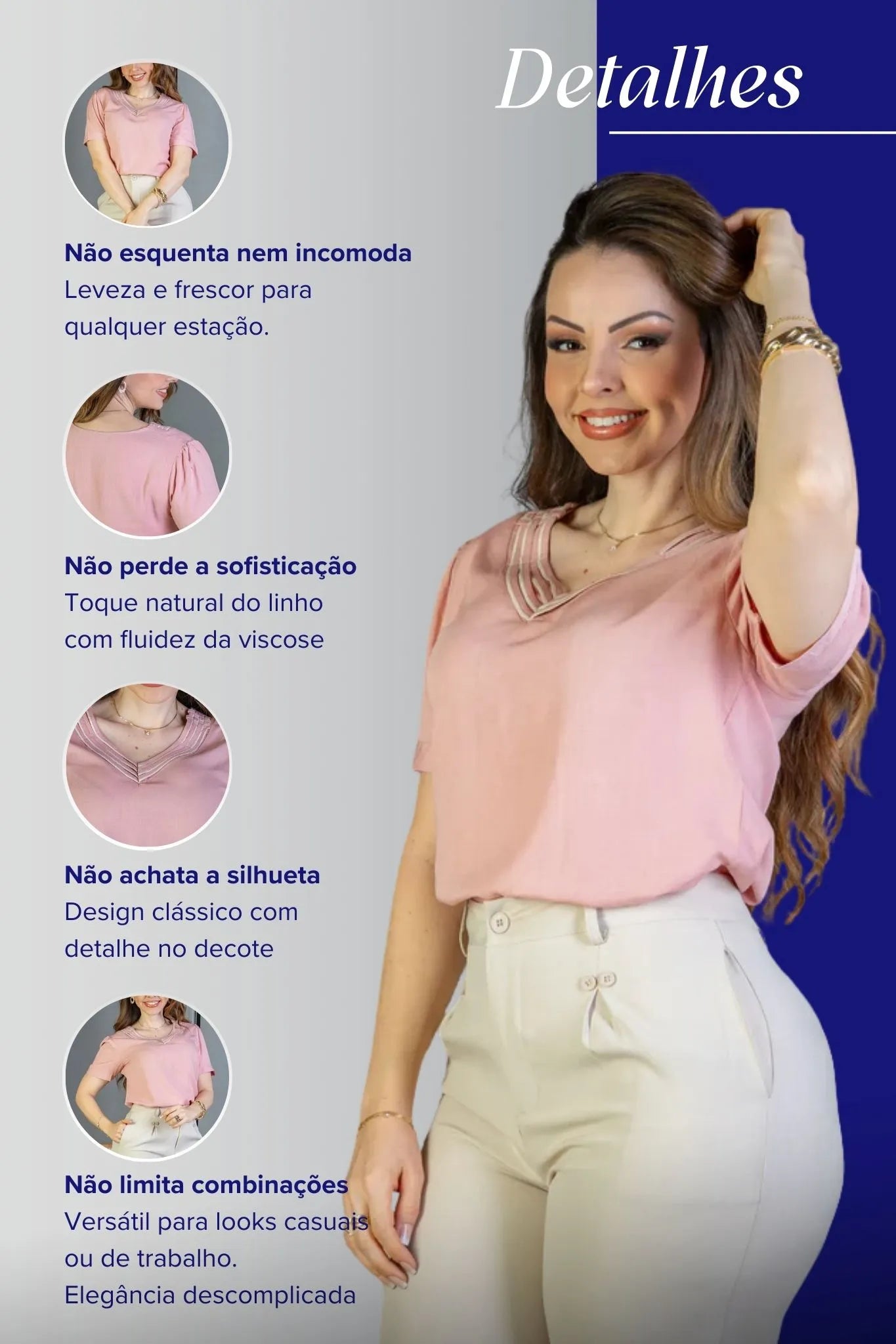 Blusa Manga Curta Detalhe Decote "V" Visco-Linho Marília Rosa