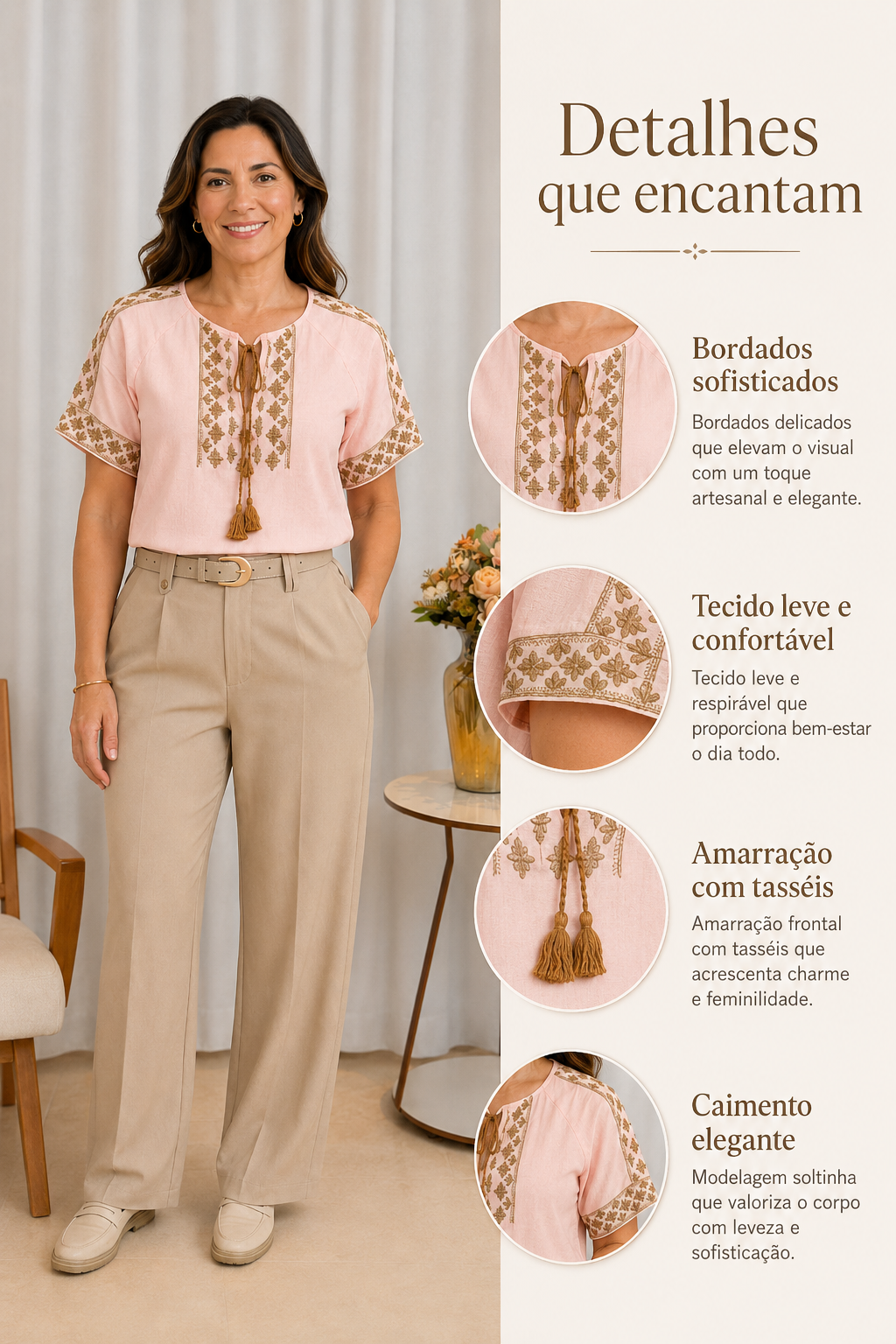 Blusa Em Cotton Linho Fresca Bordada Com Amarração Edna Rosa