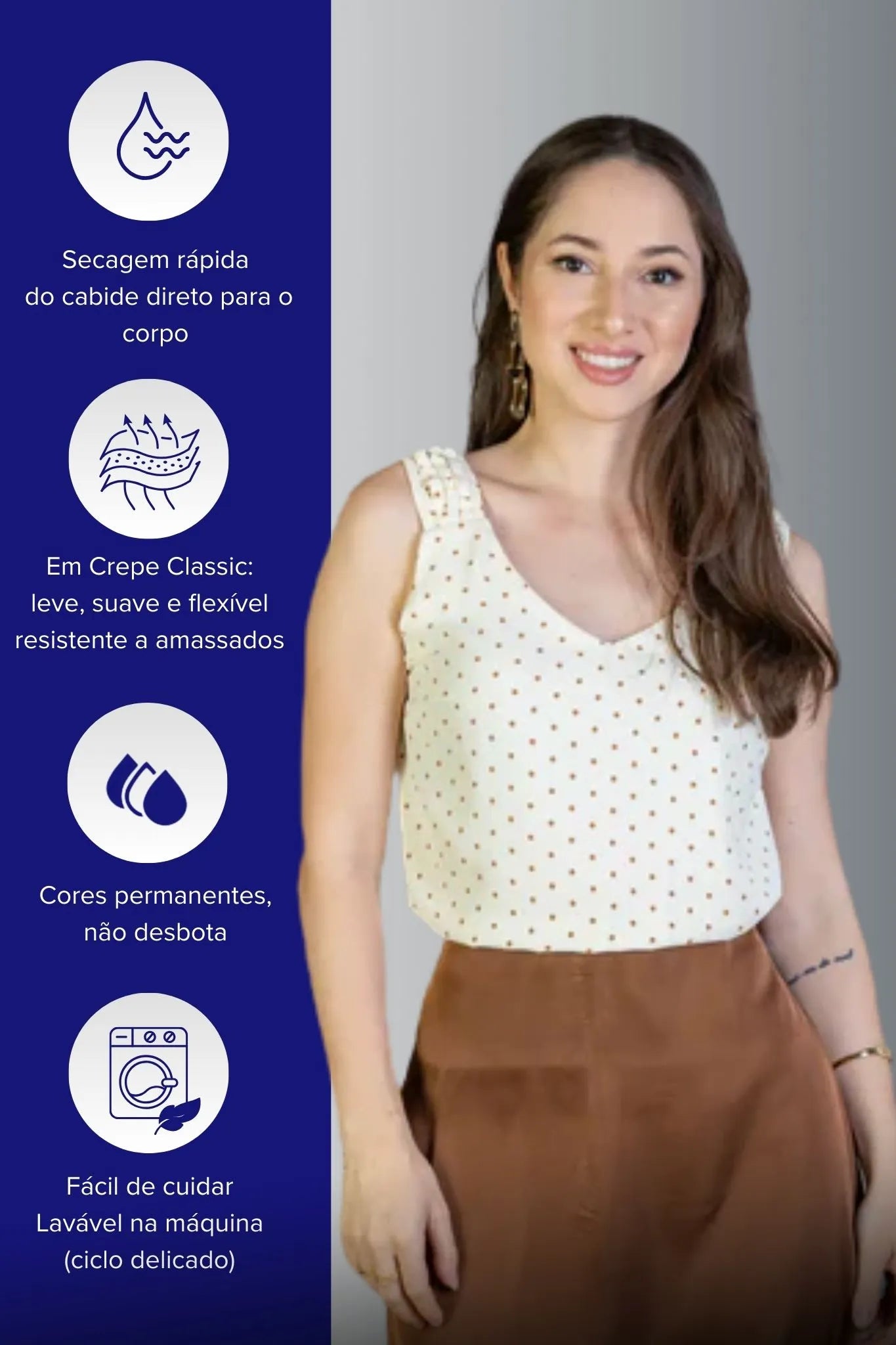 Blusa Regata Detalhe Alça Estampada Poá Crepe Classic Isabel Creme