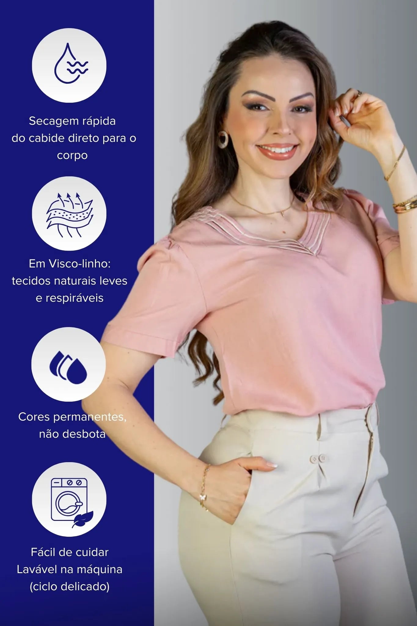 Blusa Manga Curta Detalhe Decote "V" Visco-Linho Marília Rosa